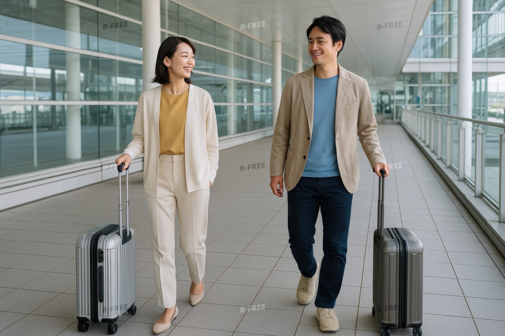 屋外の空港施設でスーツケースを引くカップル