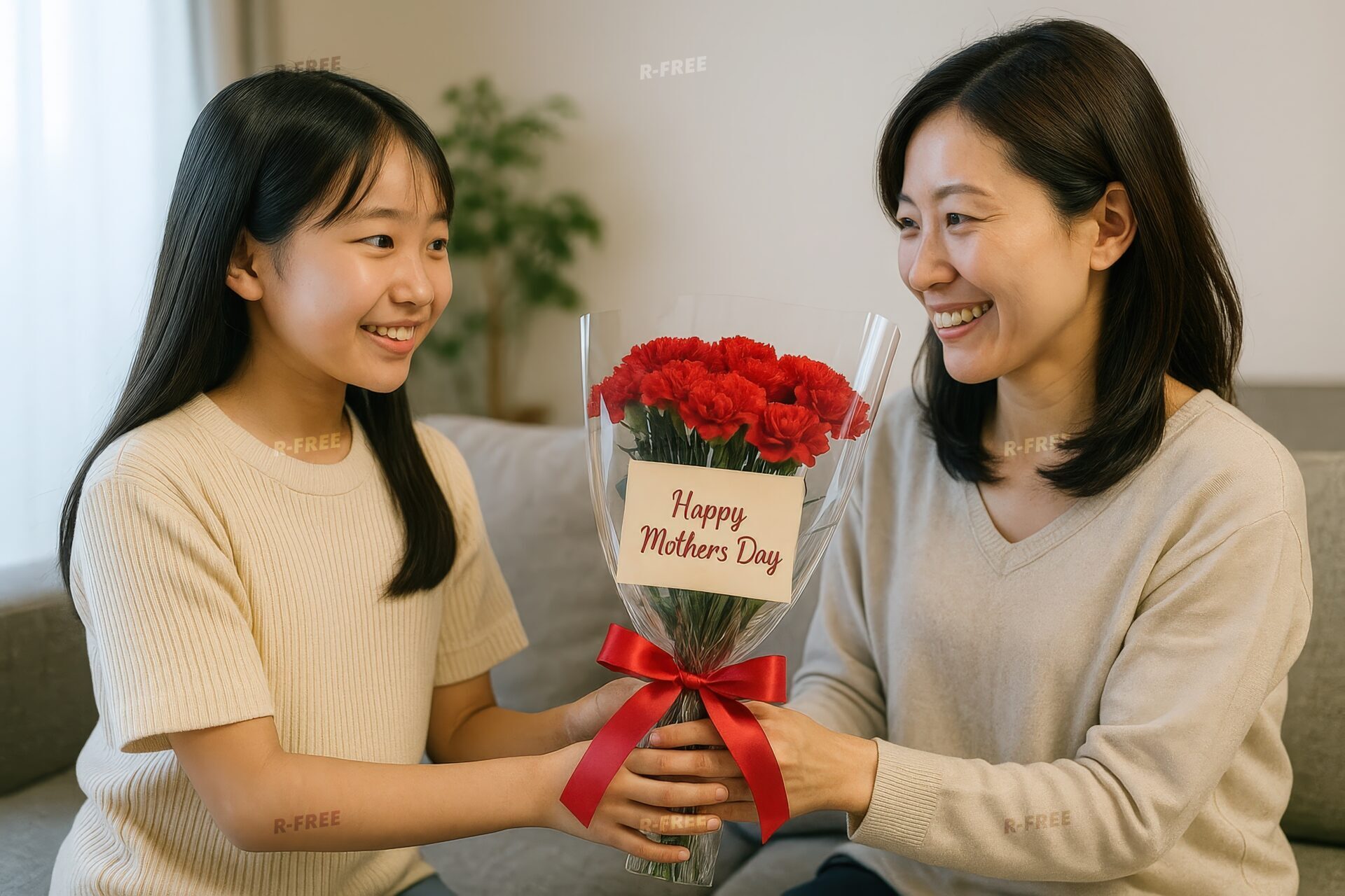 カーネーションとメッセージカードを贈る娘と喜ぶ母親