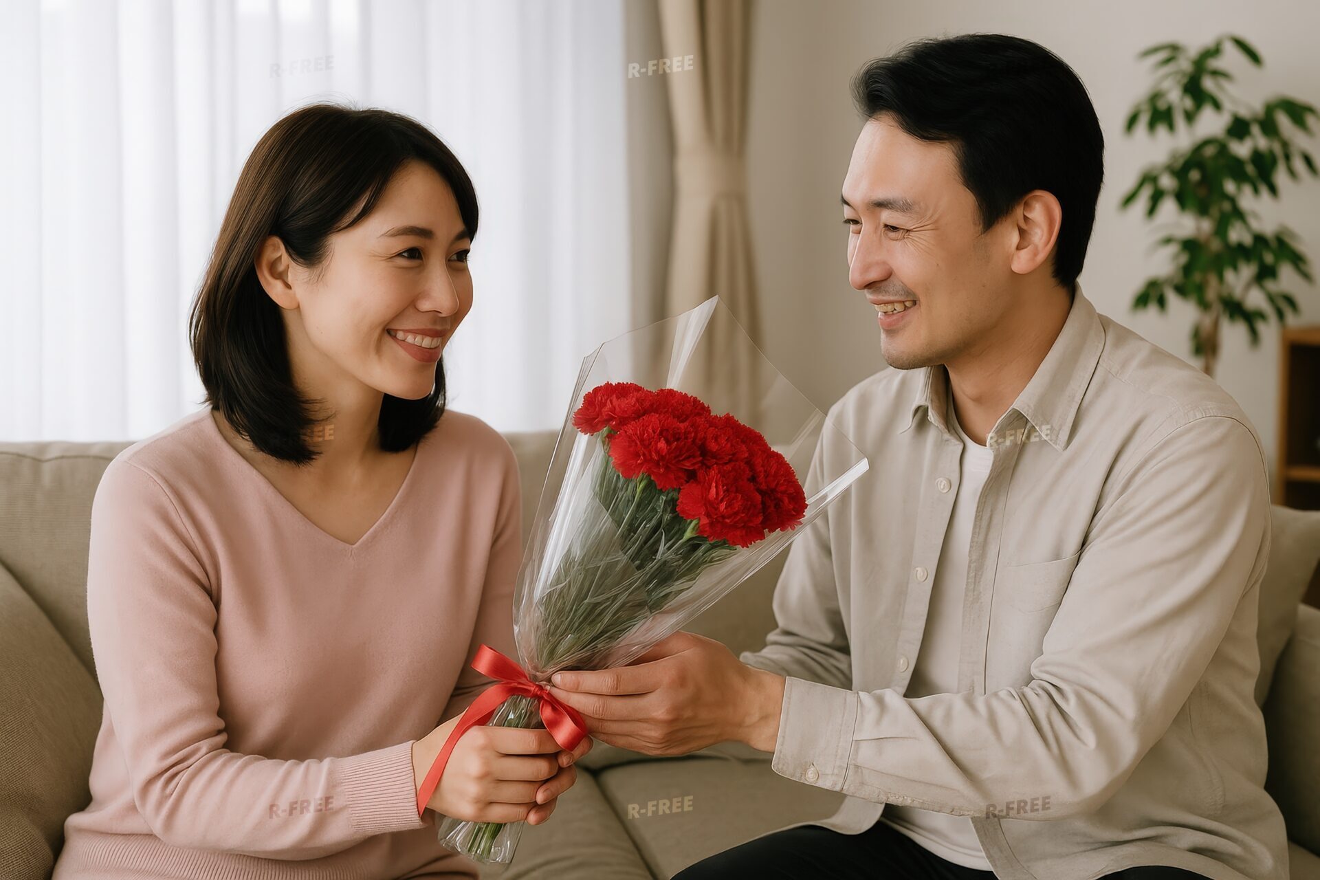 カーネーションの花束を渡す男性と受け取る女性