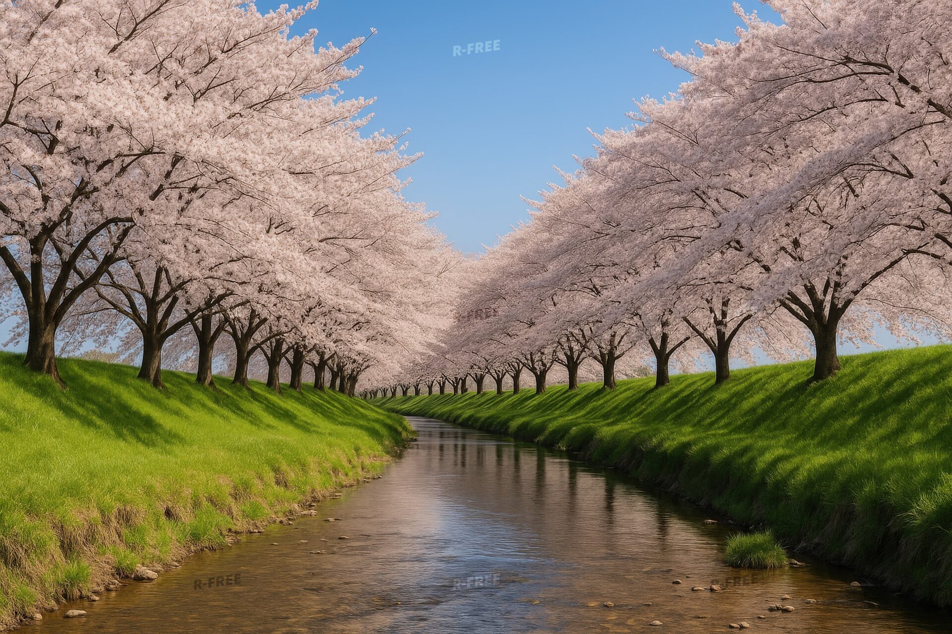 川沿いに続く桜並木が青空に映える春の景色