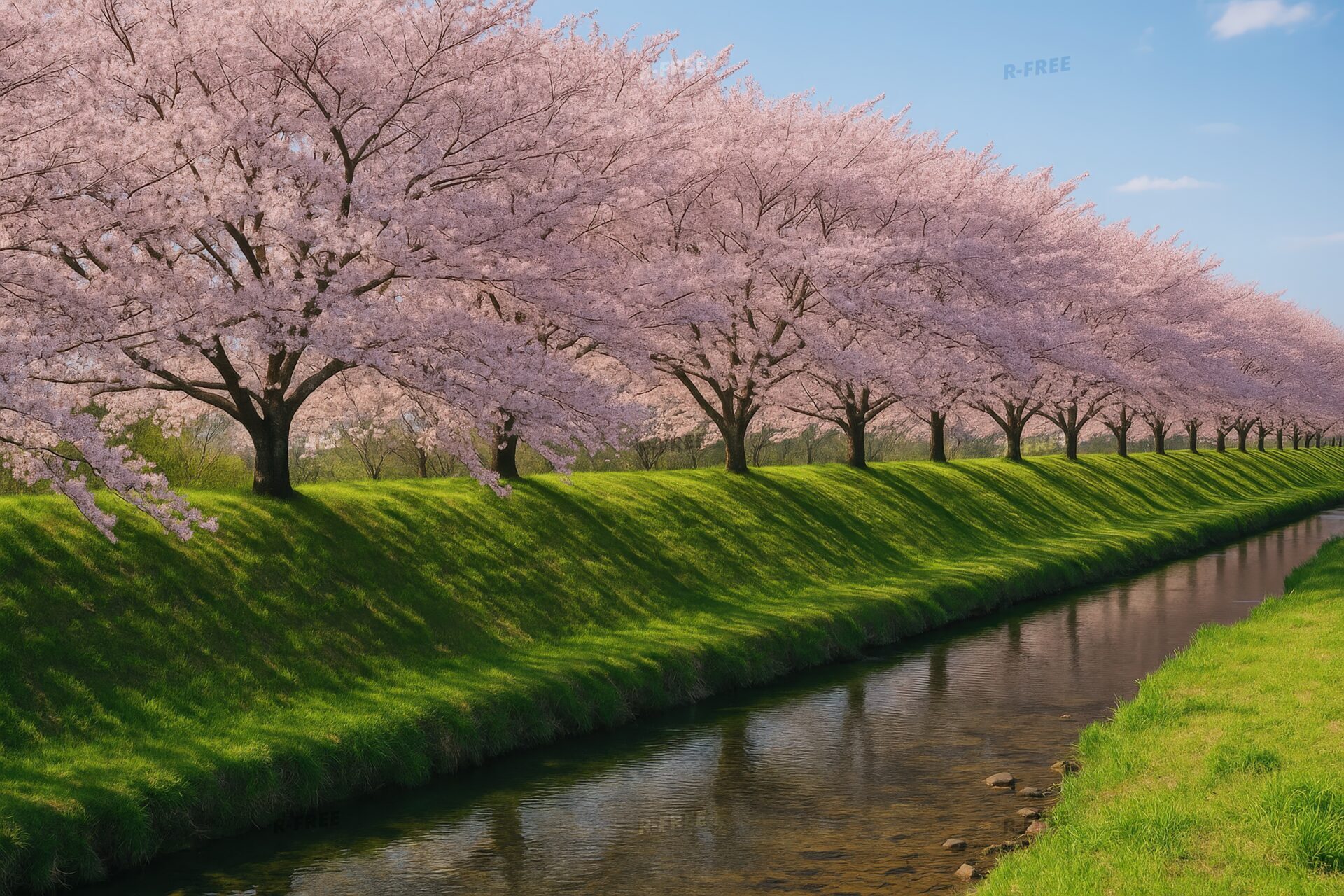 青空の下に咲き誇る桜並木と小川