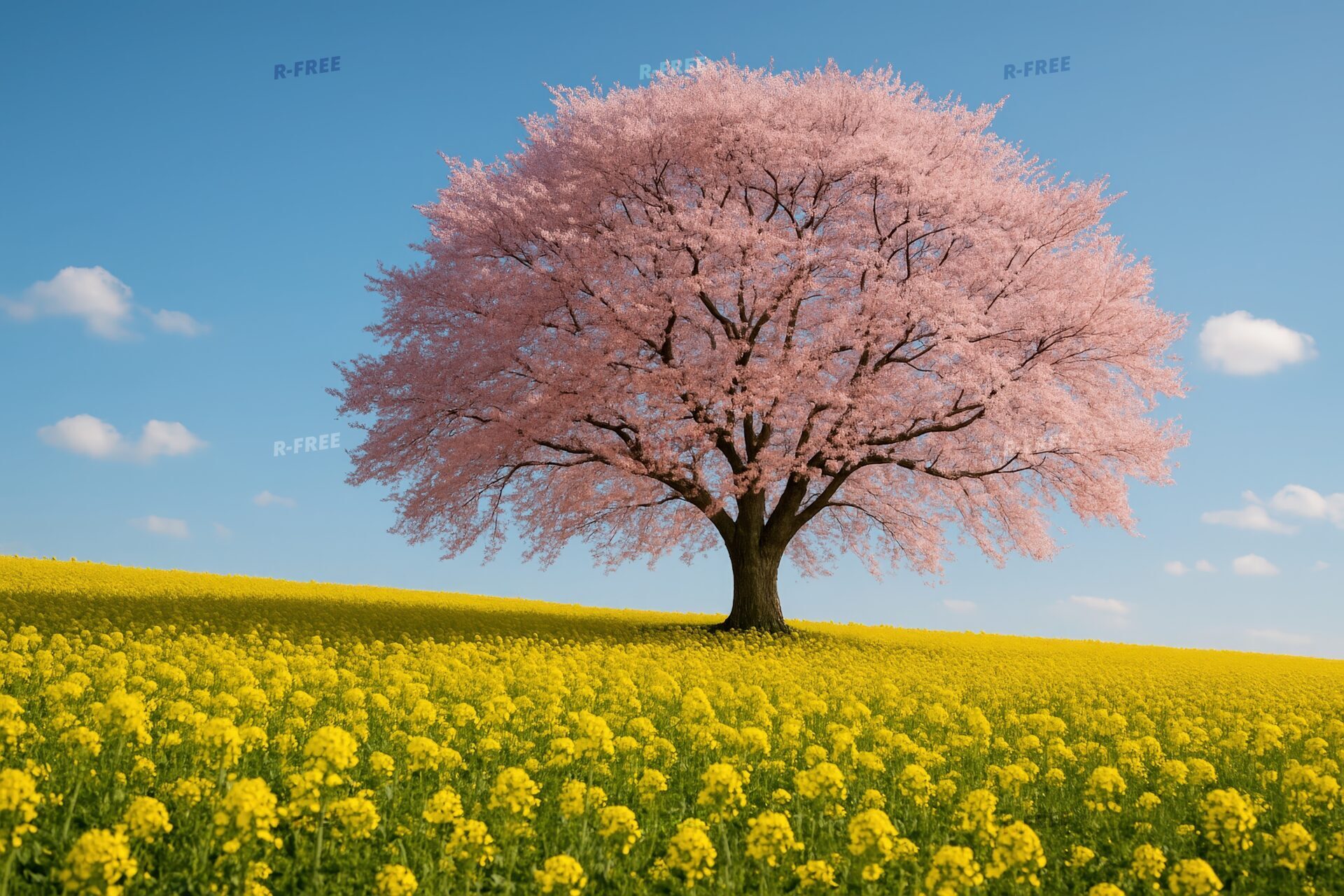 菜の花畑の中に咲く一本桜が美しい春の風景