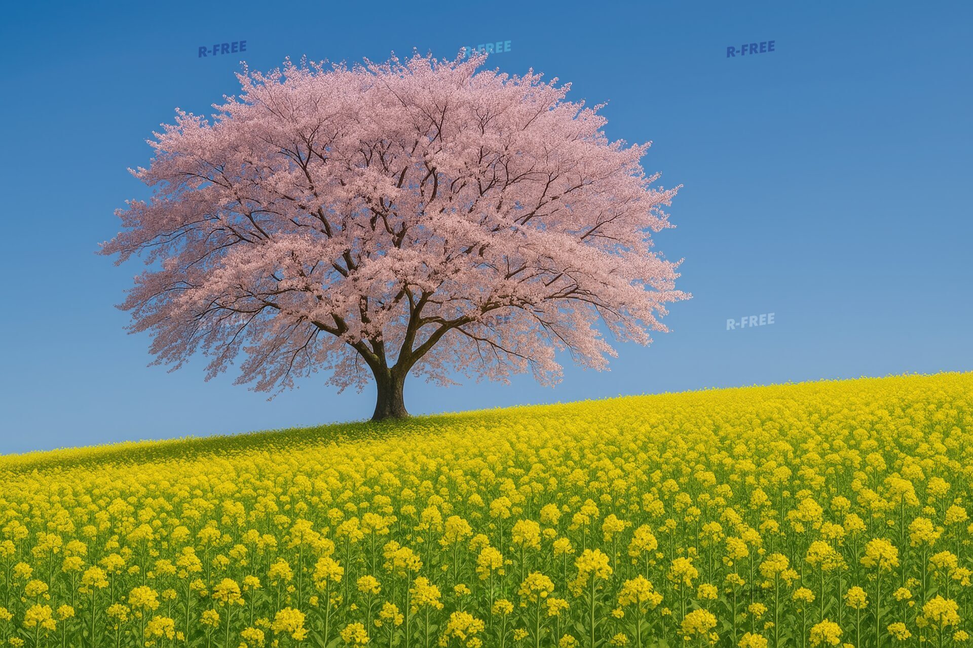 なだらかな丘に咲く桜の木と菜の花の春景色