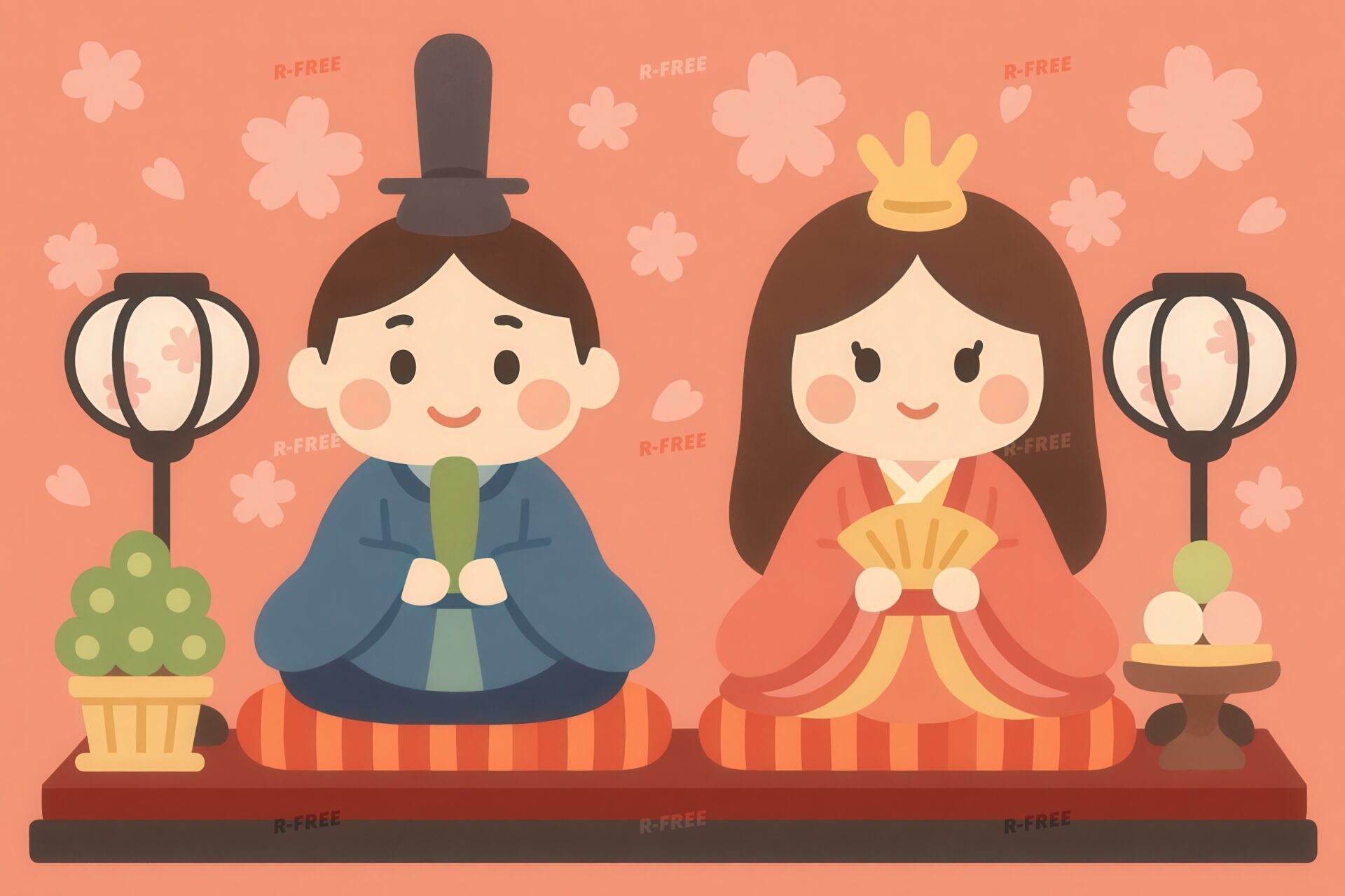 桜模様の背景に飾られたひな人形とぼんぼりのイラスト