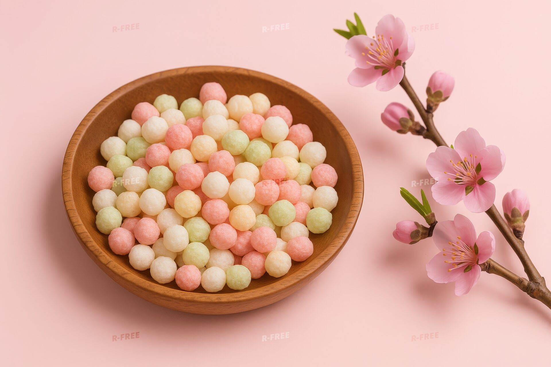 淡い色のひなあられと桃の花が並ぶ桃色背景の写真