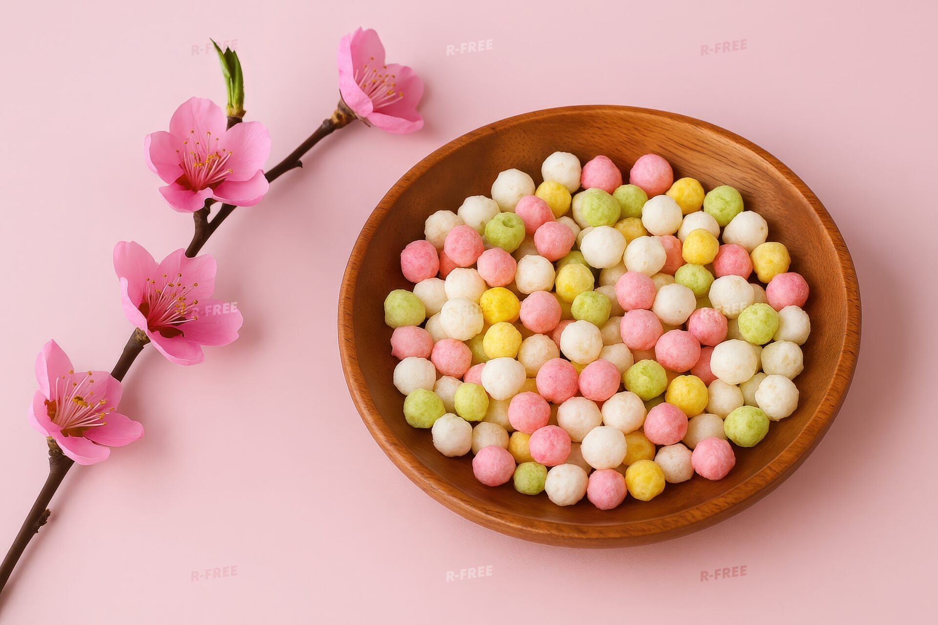 木の皿に盛られたひなあられと桃の花の枝の構図