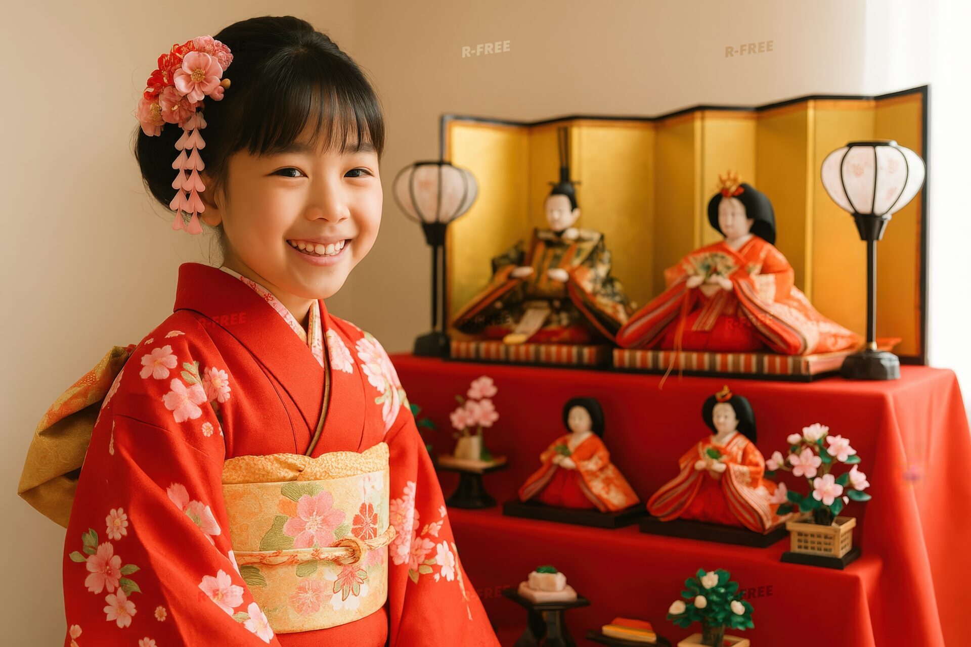 雛壇の横で微笑む和装の女の子のポートレート