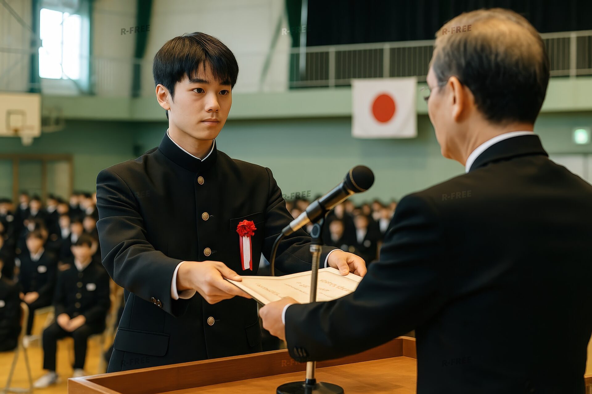 卒業証書を受け取る男子学生と壇上の教員