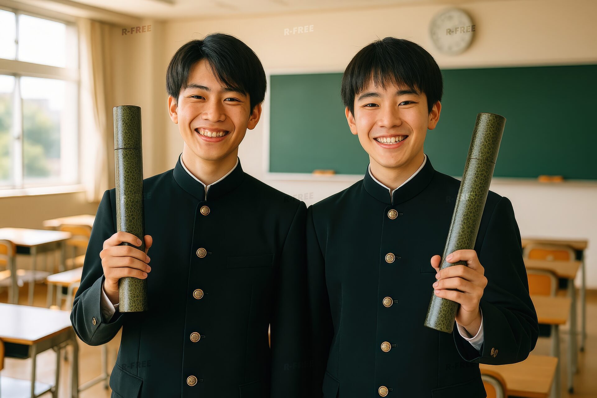 学ラン姿の男子高校生二人が卒業証書を持って微笑む
