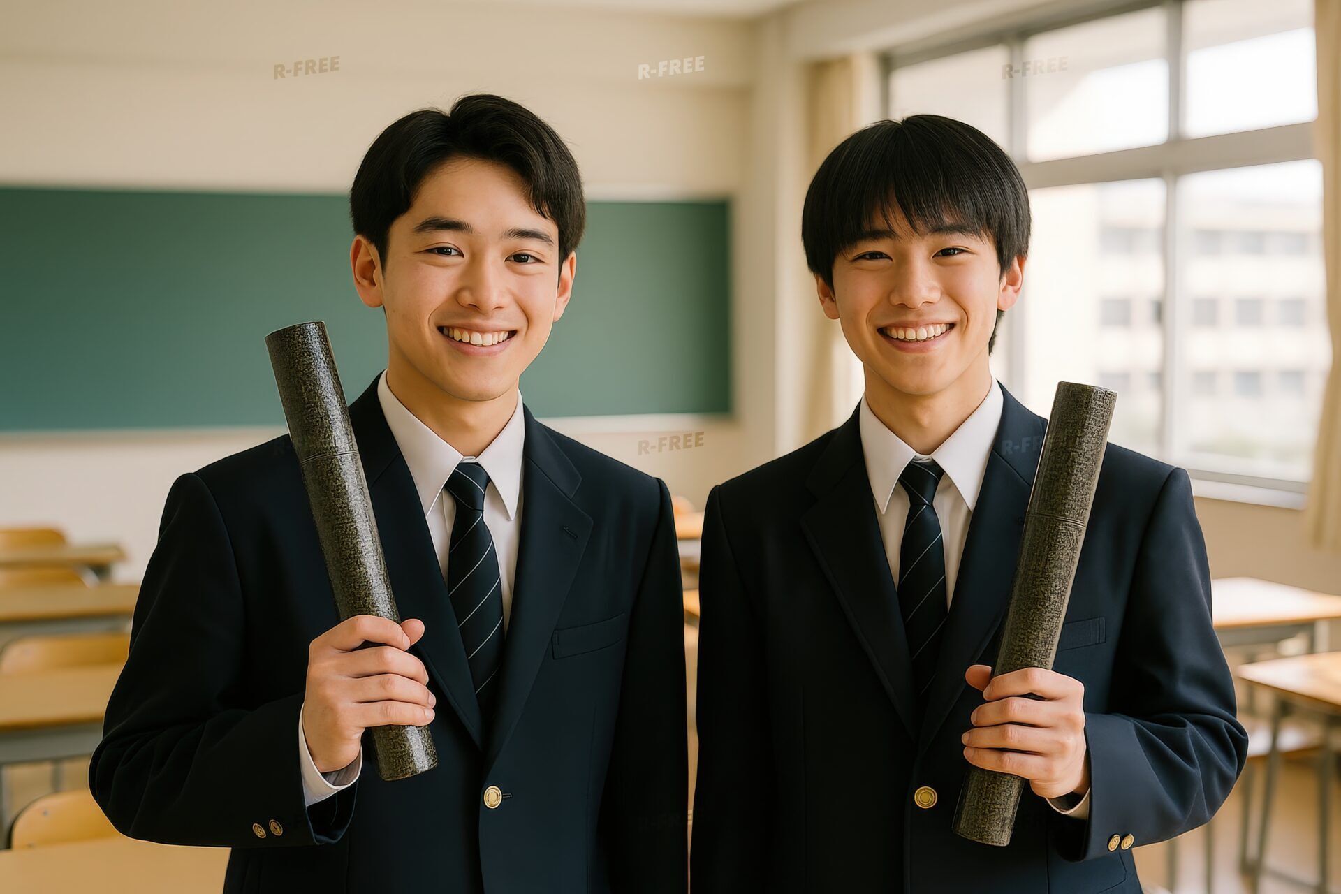 卒業証書を持つ男子学生二人が黒板前で笑顔