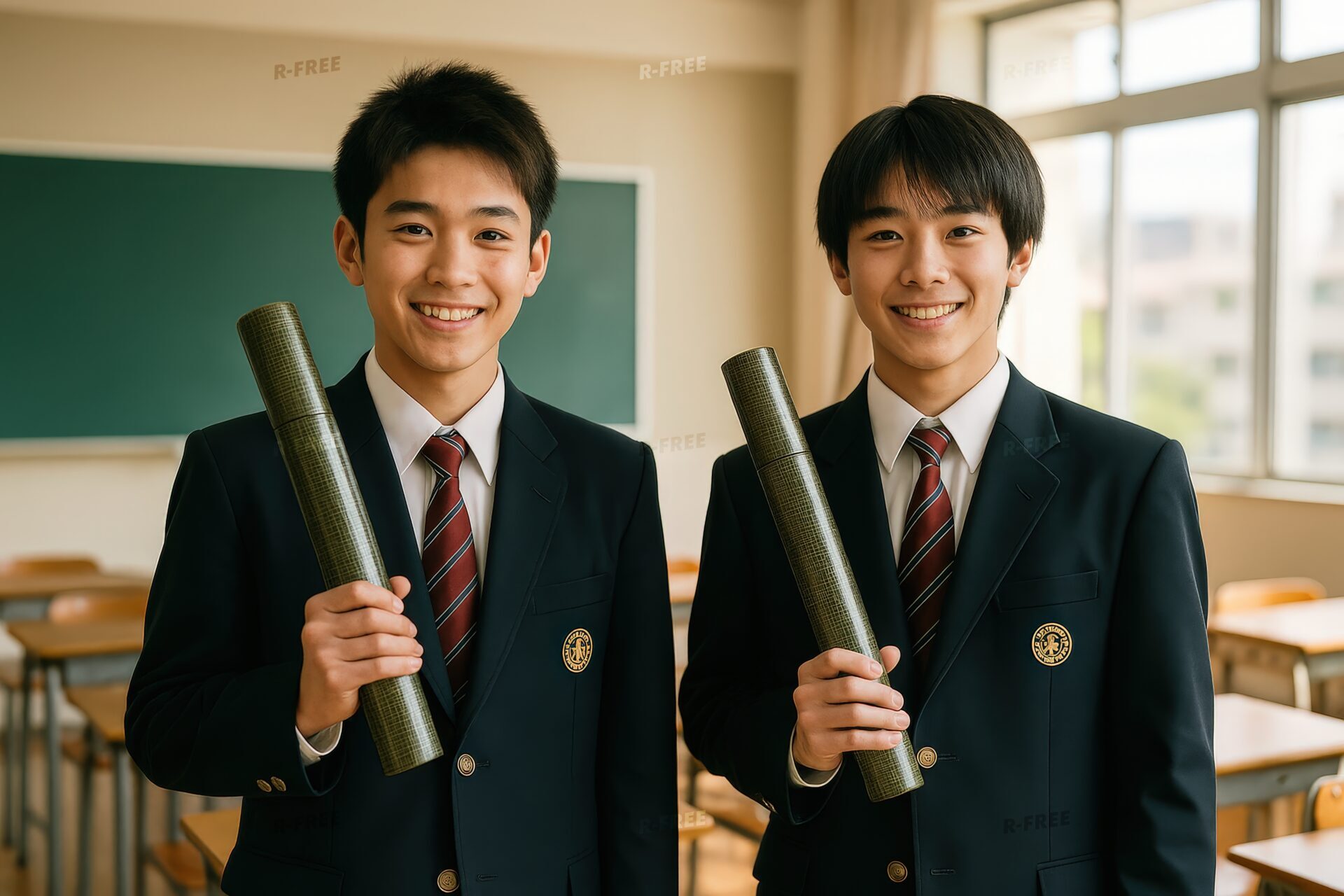 卒業証書を持つ男子学生二人が窓辺で笑顔