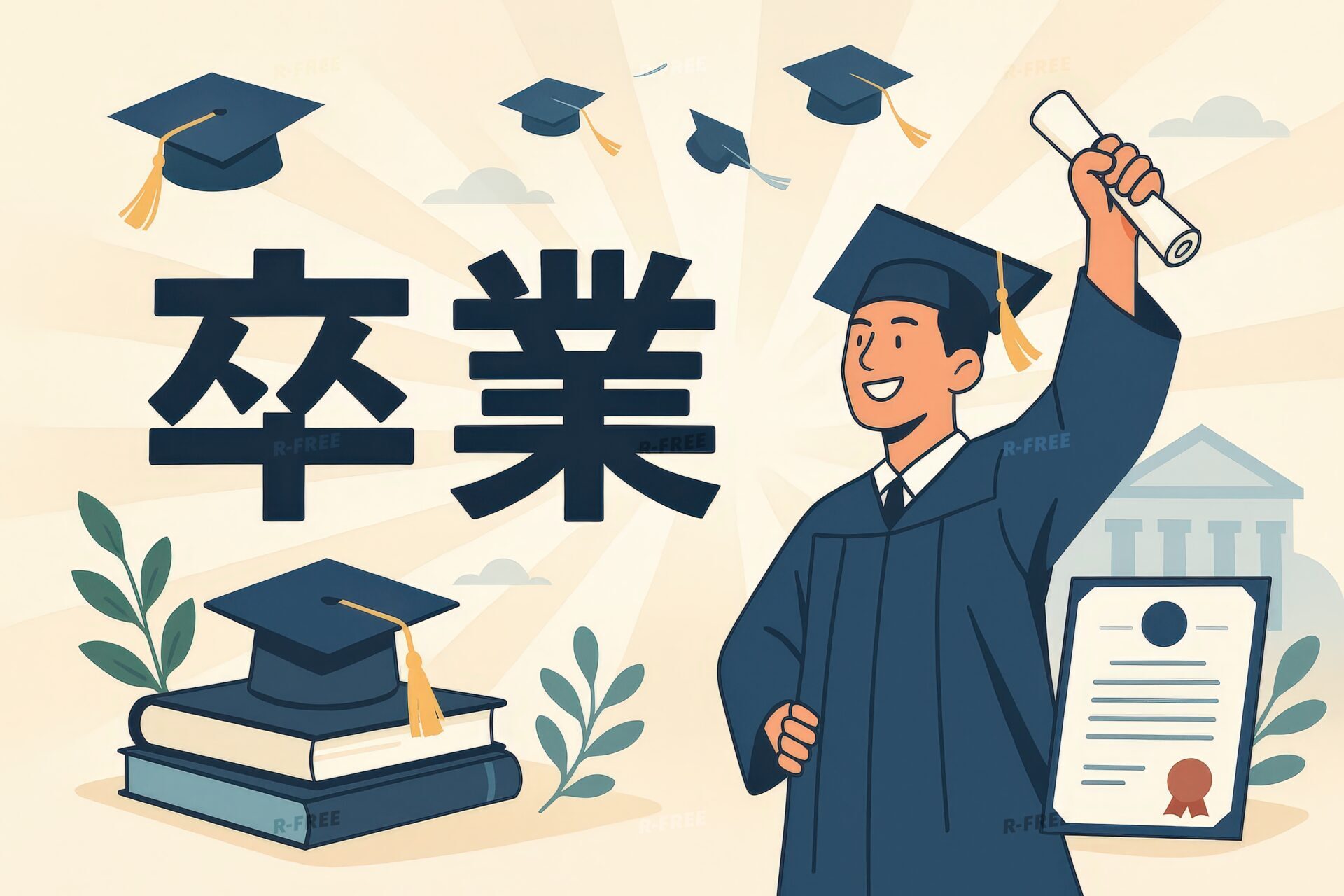 学位帽と卒業証書を手にした大学生のイラスト