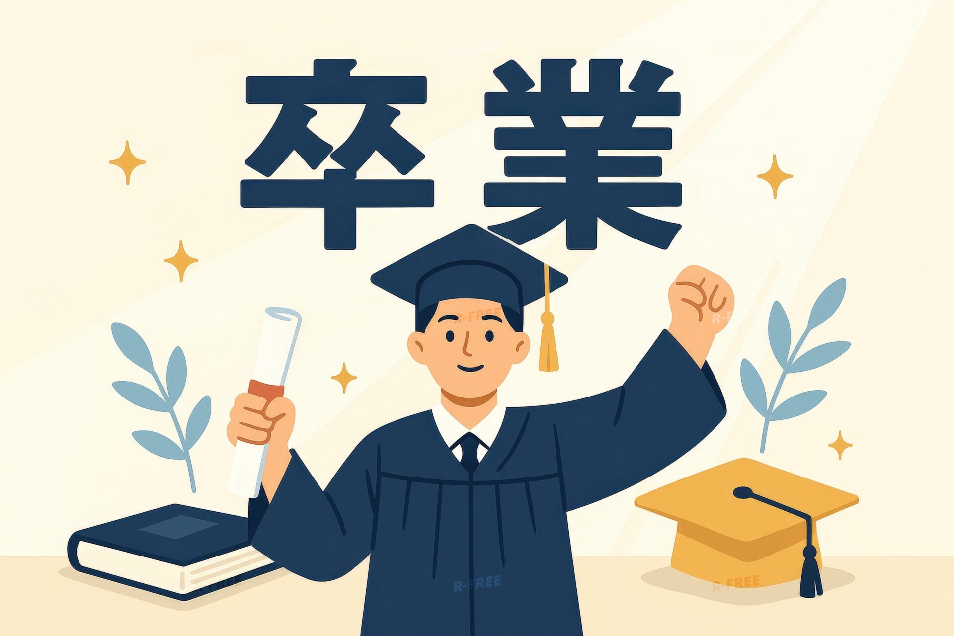 ガウン姿でガッツポーズする大学生のイラスト