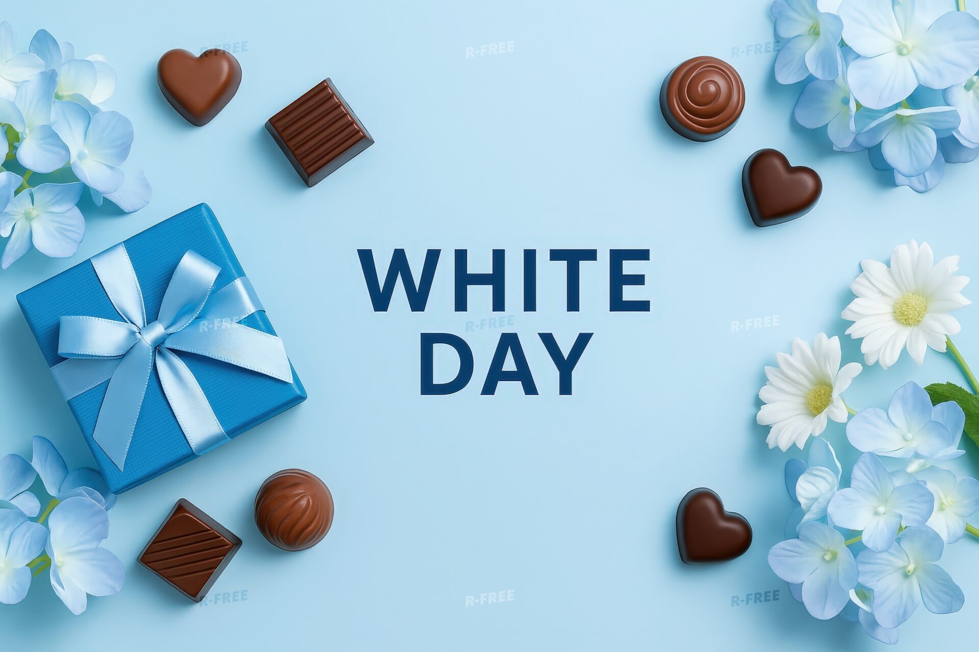 白と青の花に囲まれたホワイトデーギフトとチョコレート