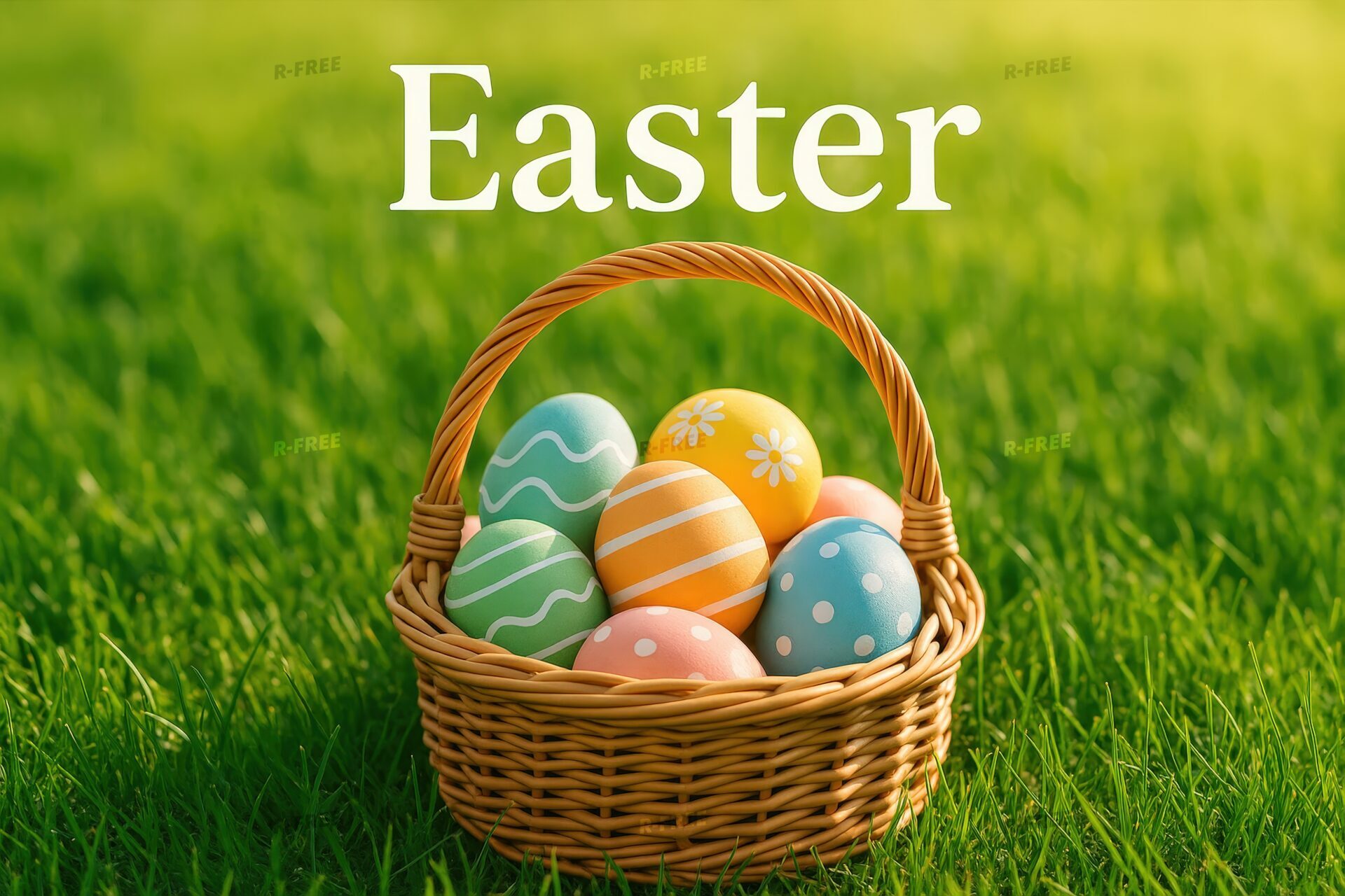 籐のバスケットに入った彩色イースターエッグと「Easter」の文字