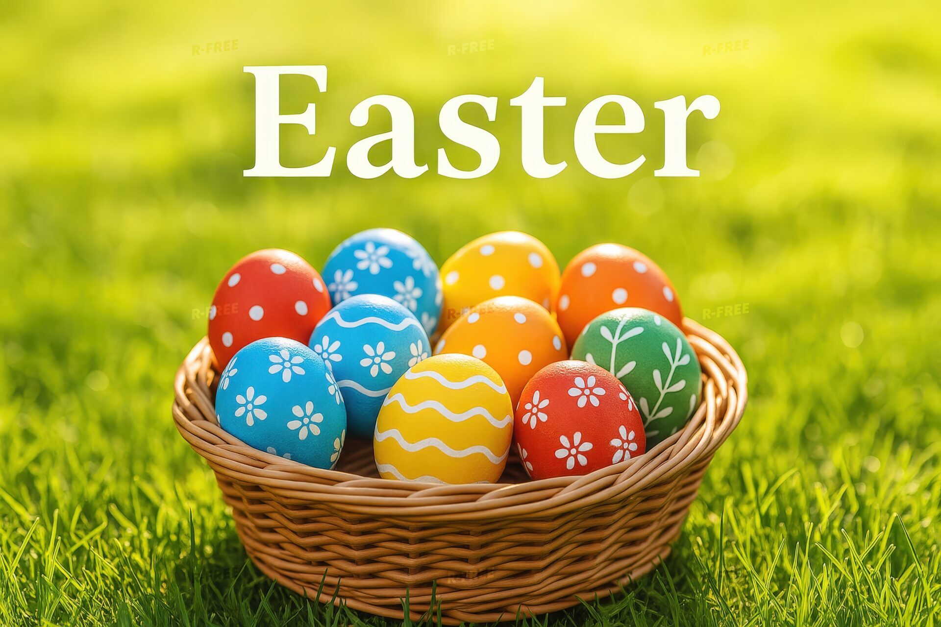 陽光と新緑を背景にしたイースターエッグと「Easter」の文字