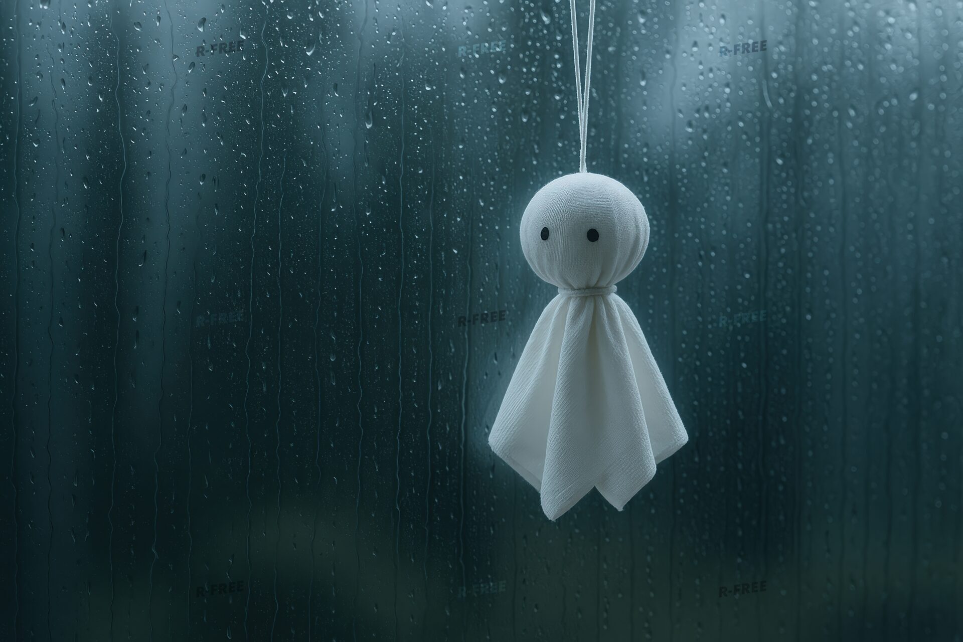 雨に濡れた窓辺に吊るされたてるてるぼうず