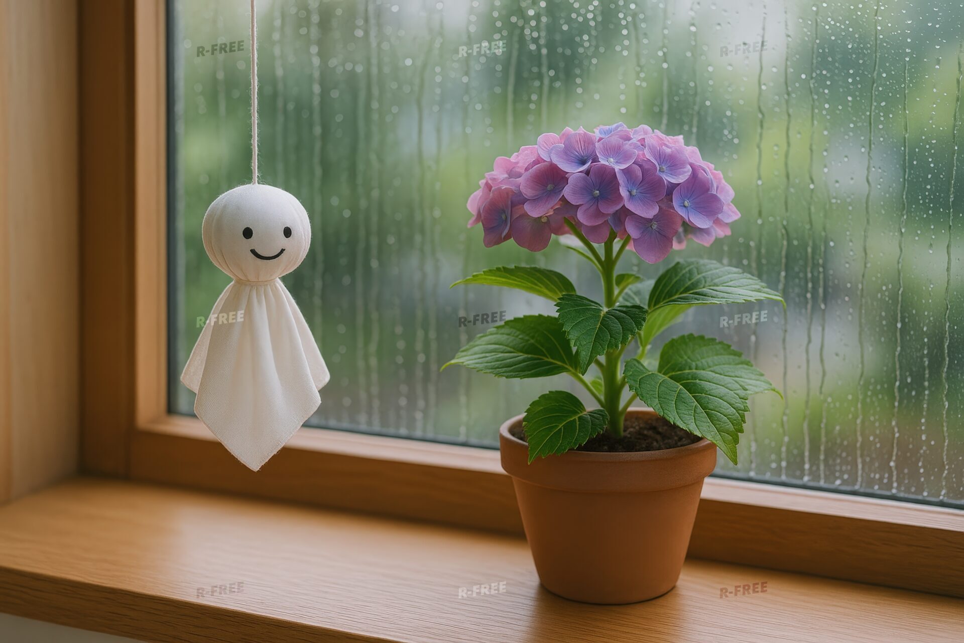 木枠の窓と紫陽花の鉢植え、てるてるぼうずが吊るされた風景