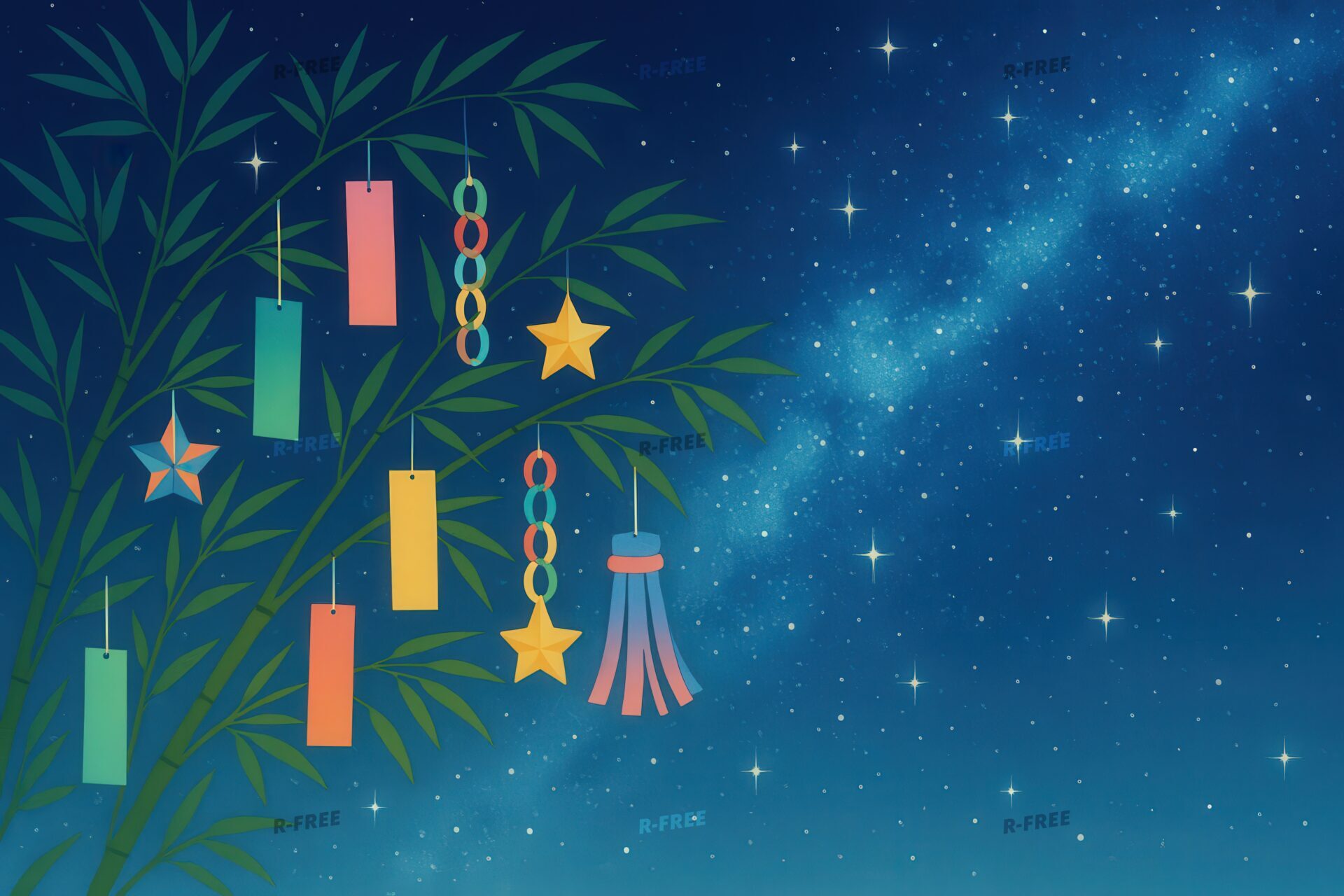 星空に飾られた笹と短冊の七夕イラスト