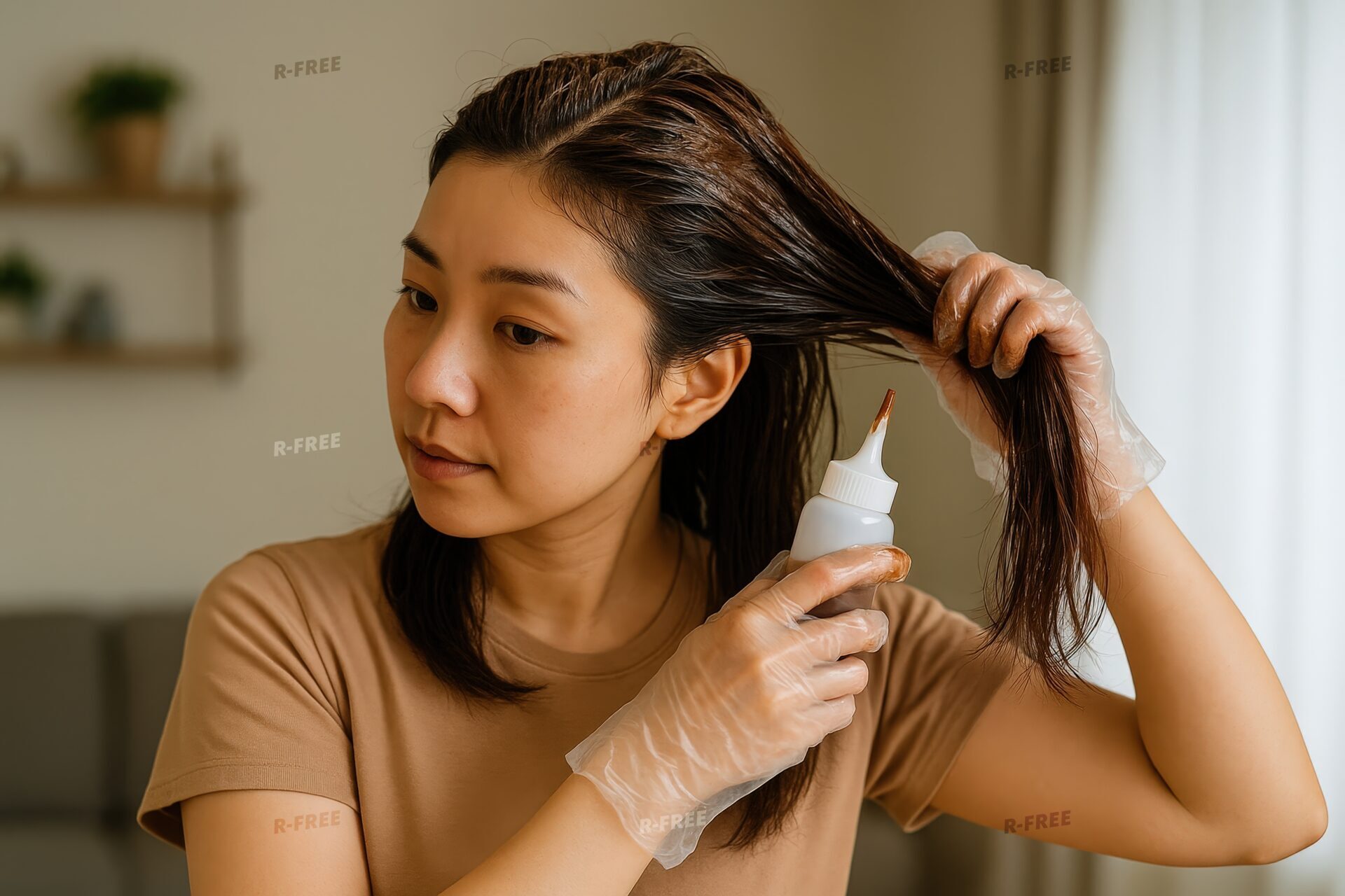 ヘアカラー剤を塗布する女性の横顔と髪の様子