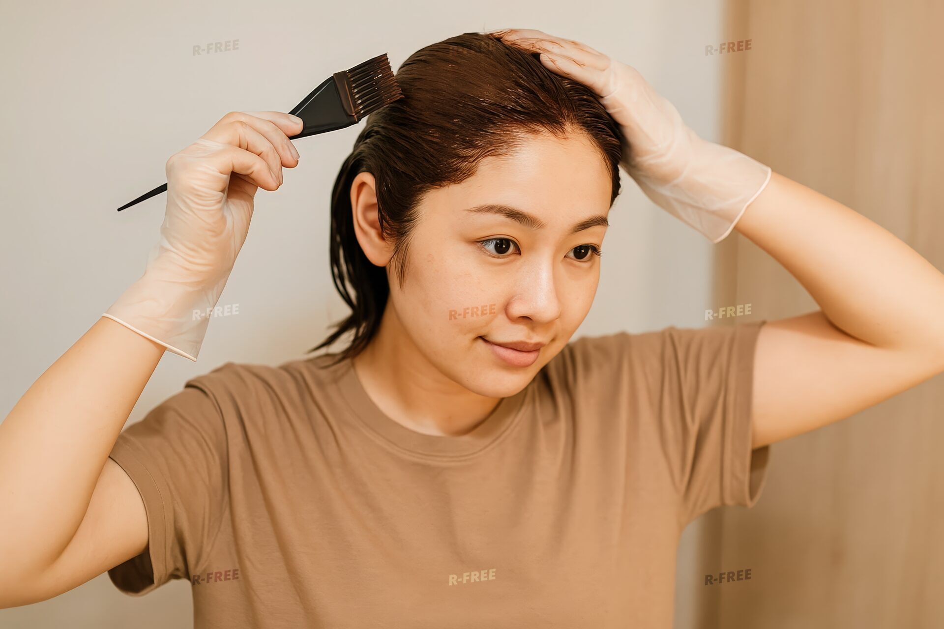 髪全体にカラー剤を塗る女性のセルフヘアカラー