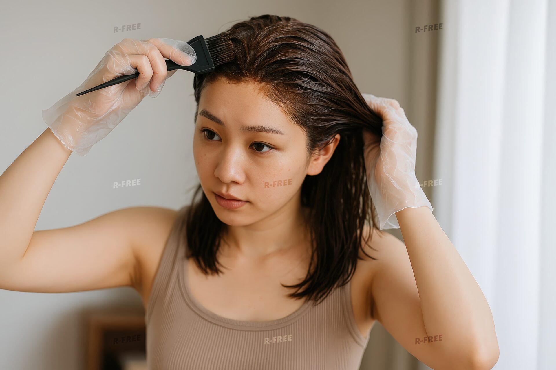 前髪を中心にヘアカラーする女性の真剣な表情