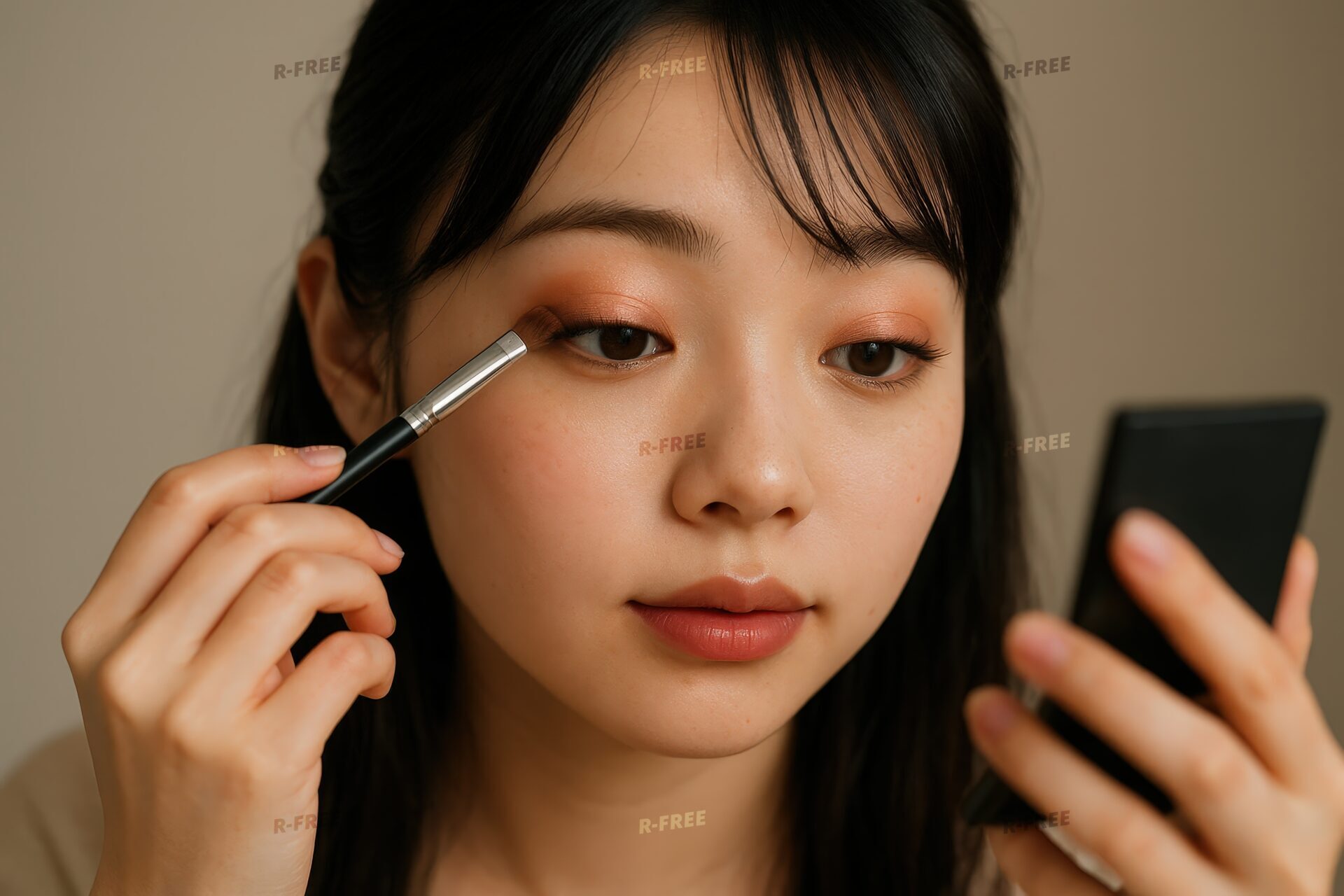目元にアイシャドウを重ねるメイク中の女性