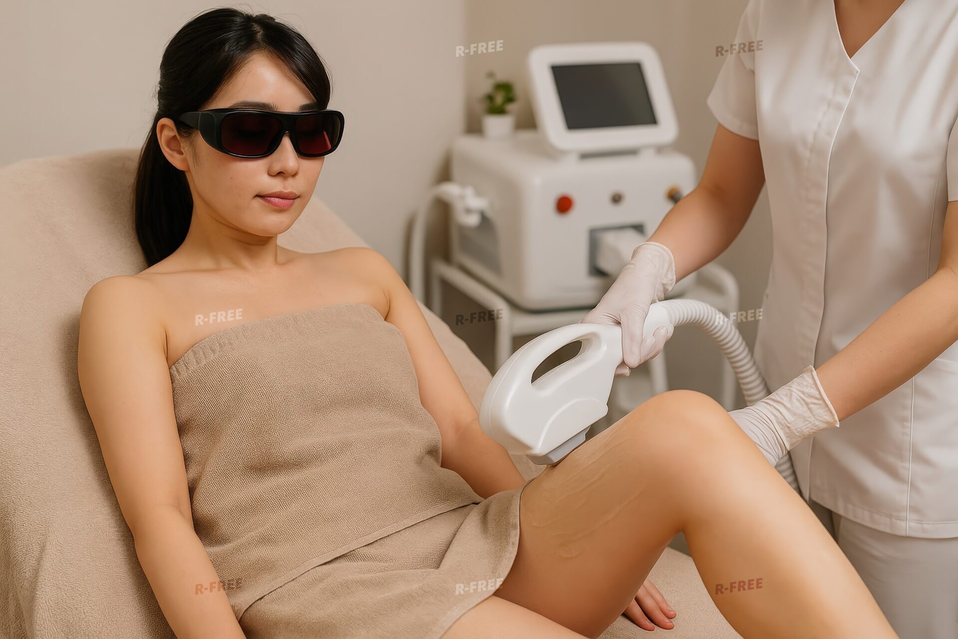 ゴーグルを着用して光脱毛を受ける女性