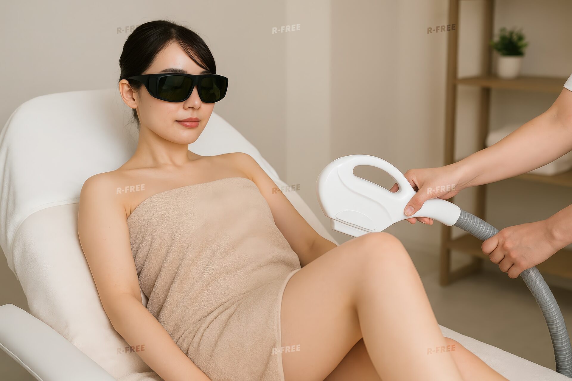 脱毛機を使用して脚の施術を受ける女性