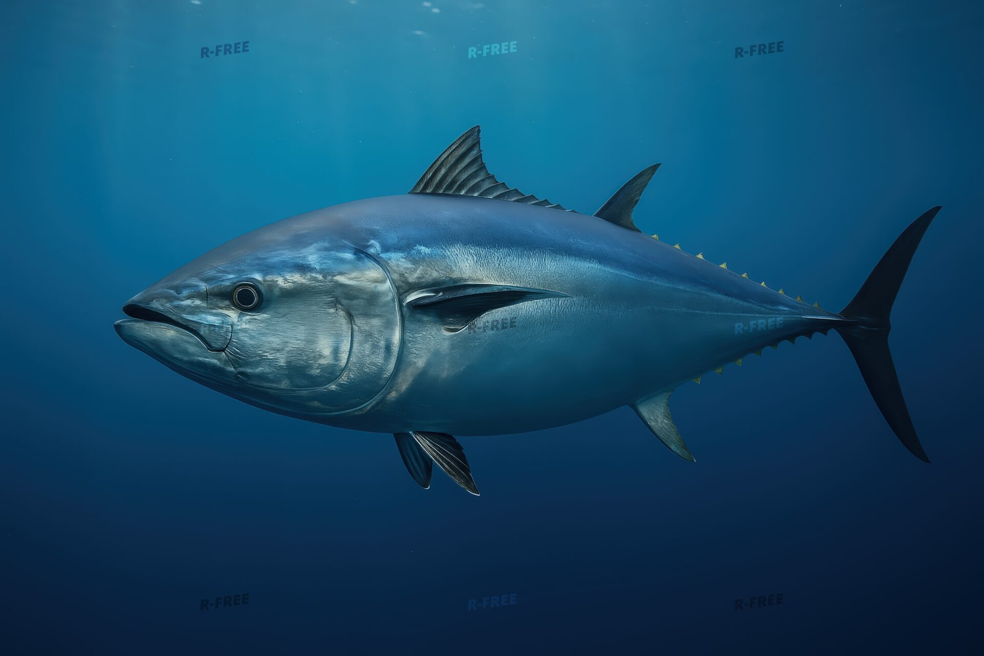 海中を泳ぐクロマグロの横姿