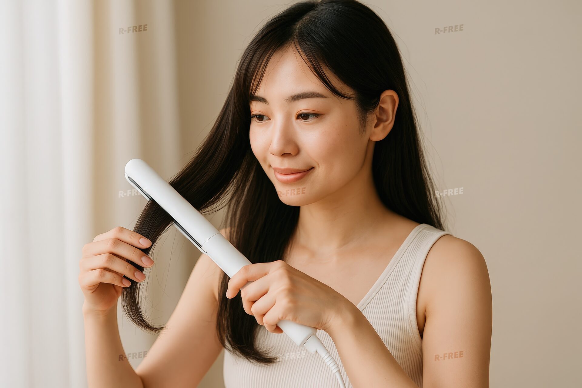 白のアイロンで毛先を巻く女性の横顔