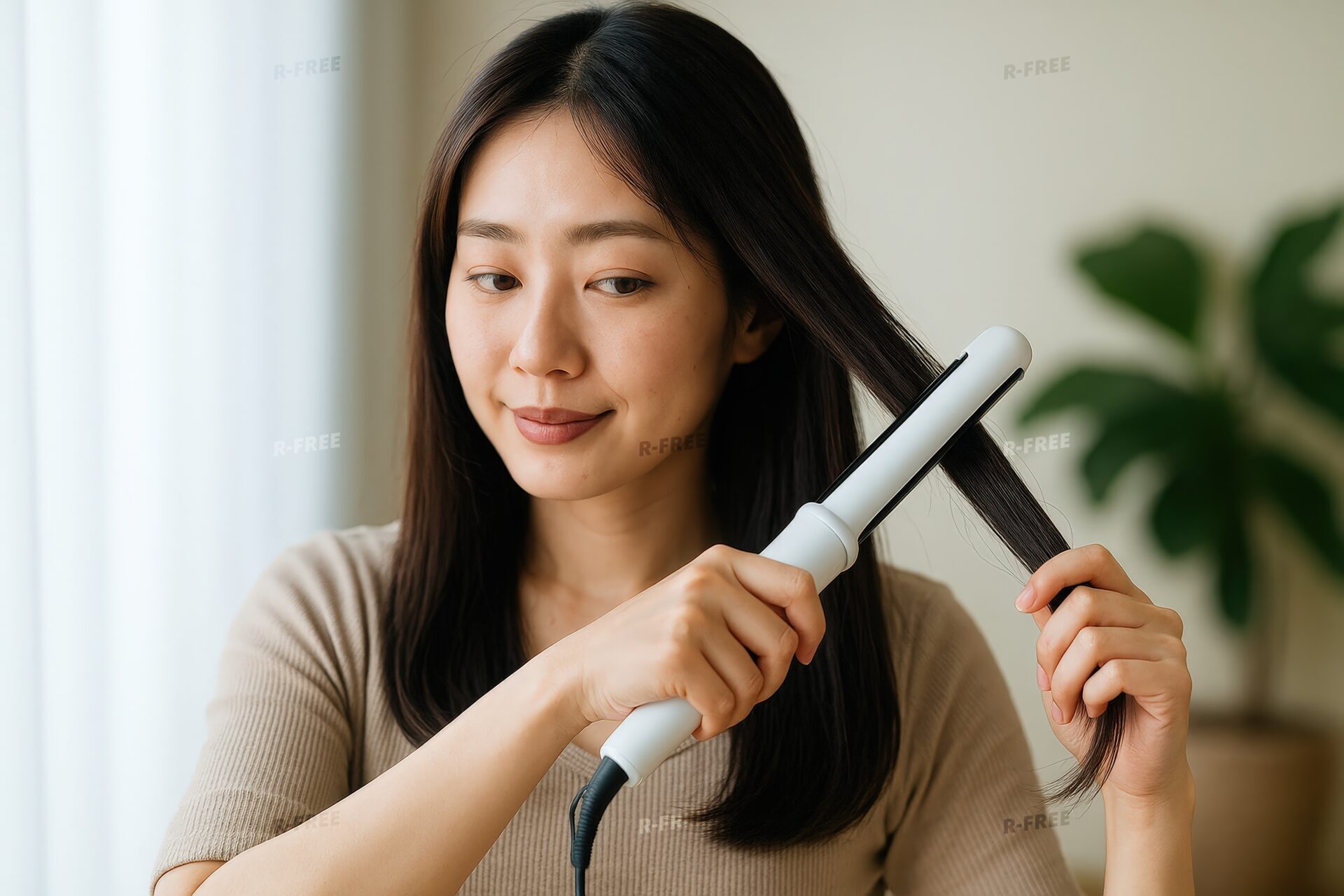 観葉植物の前で髪を整えるストレートアイロンの使用