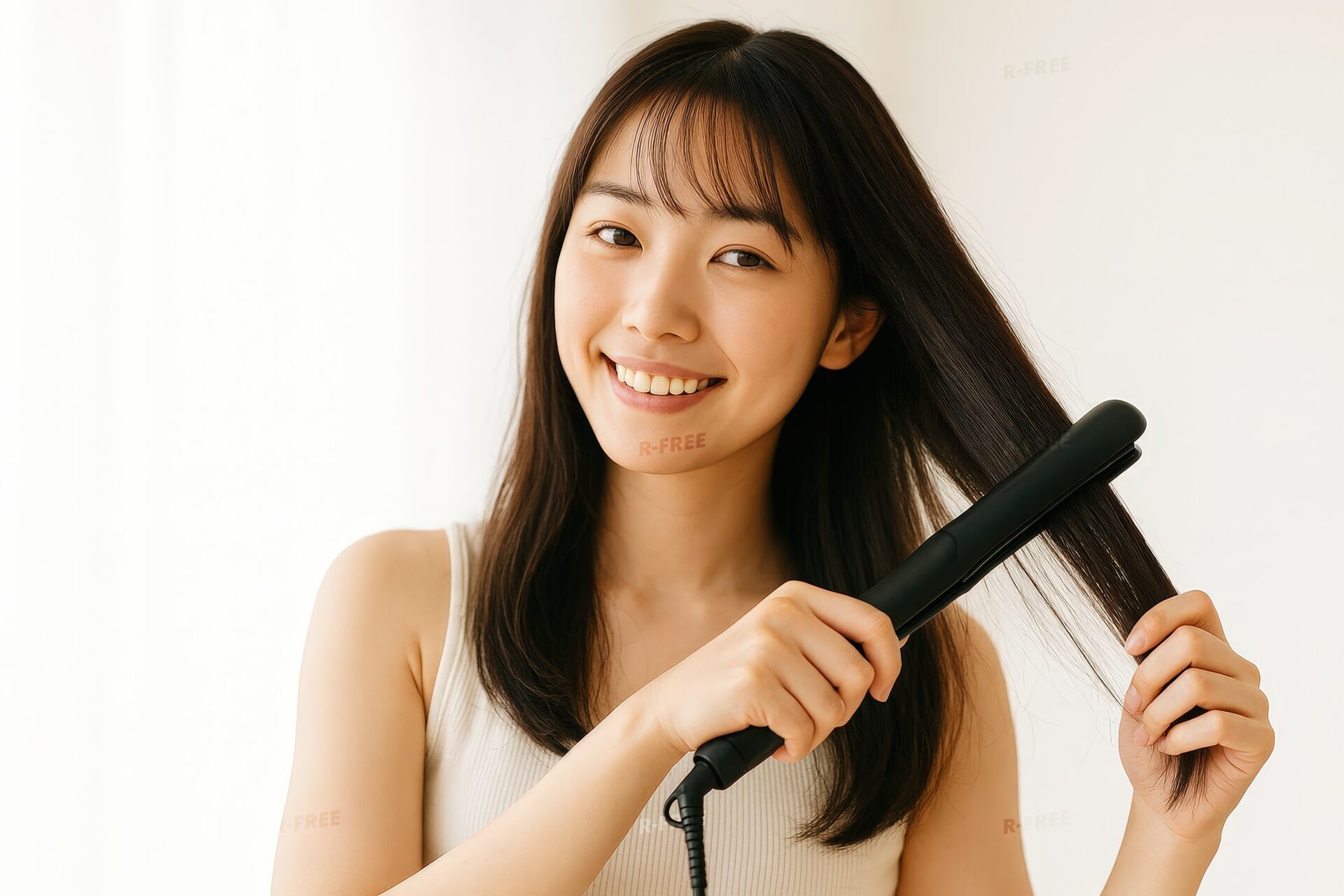 笑顔で黒いヘアアイロンを使う女性の爽やかな朝時間