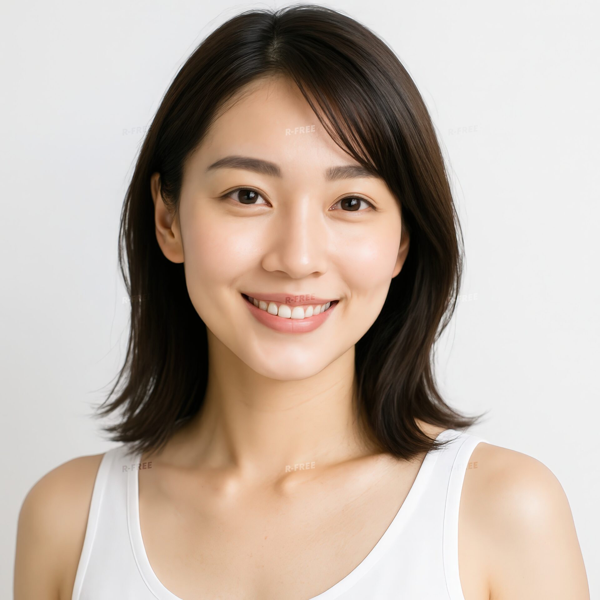明るい白背景で輝く素肌の女性