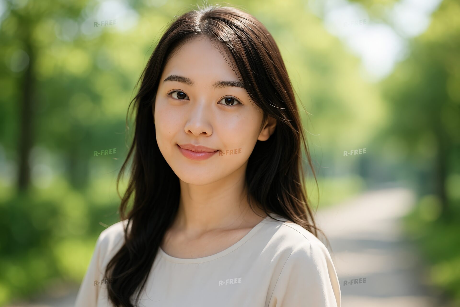 自然の中で柔らかな笑顔を見せる女性