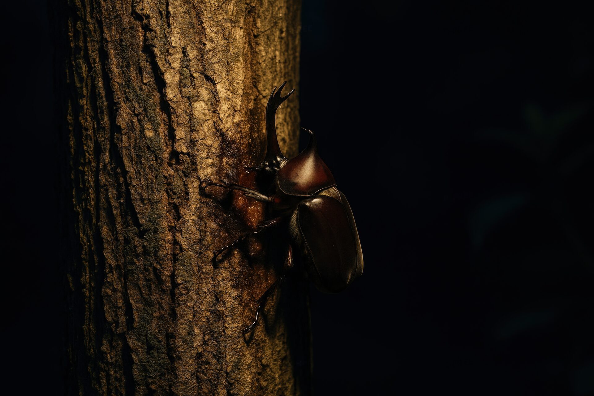 樹液を吸うカブトムシの夜間撮影