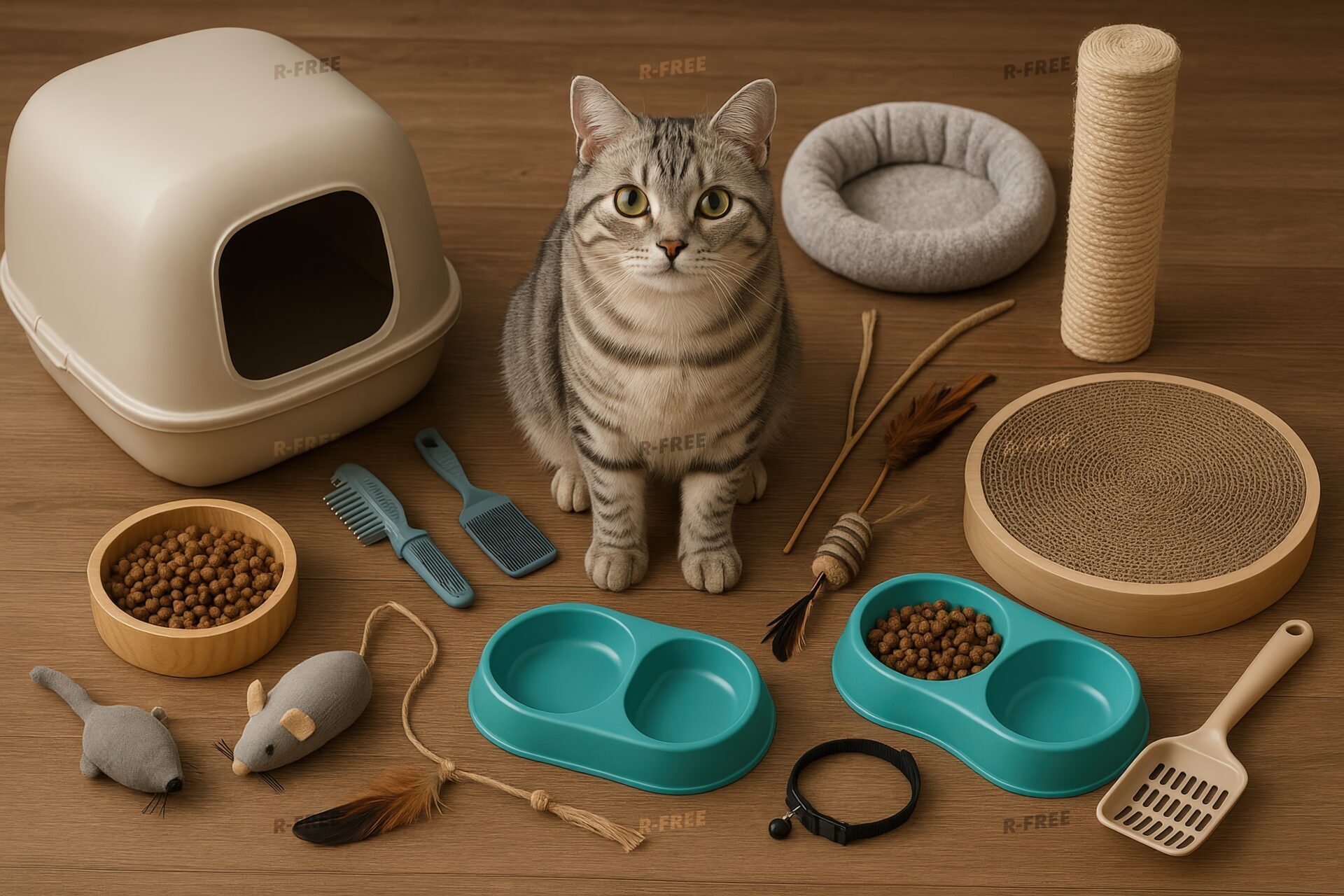 グレーの猫とたくさんの猫用グッズが並ぶ木の床