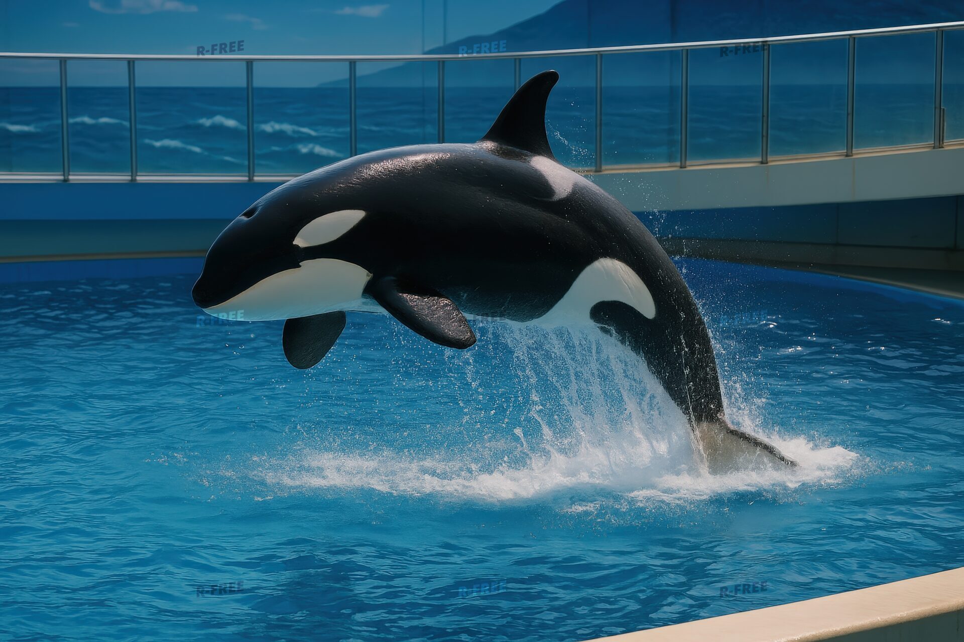 水族館でジャンプするシャチ