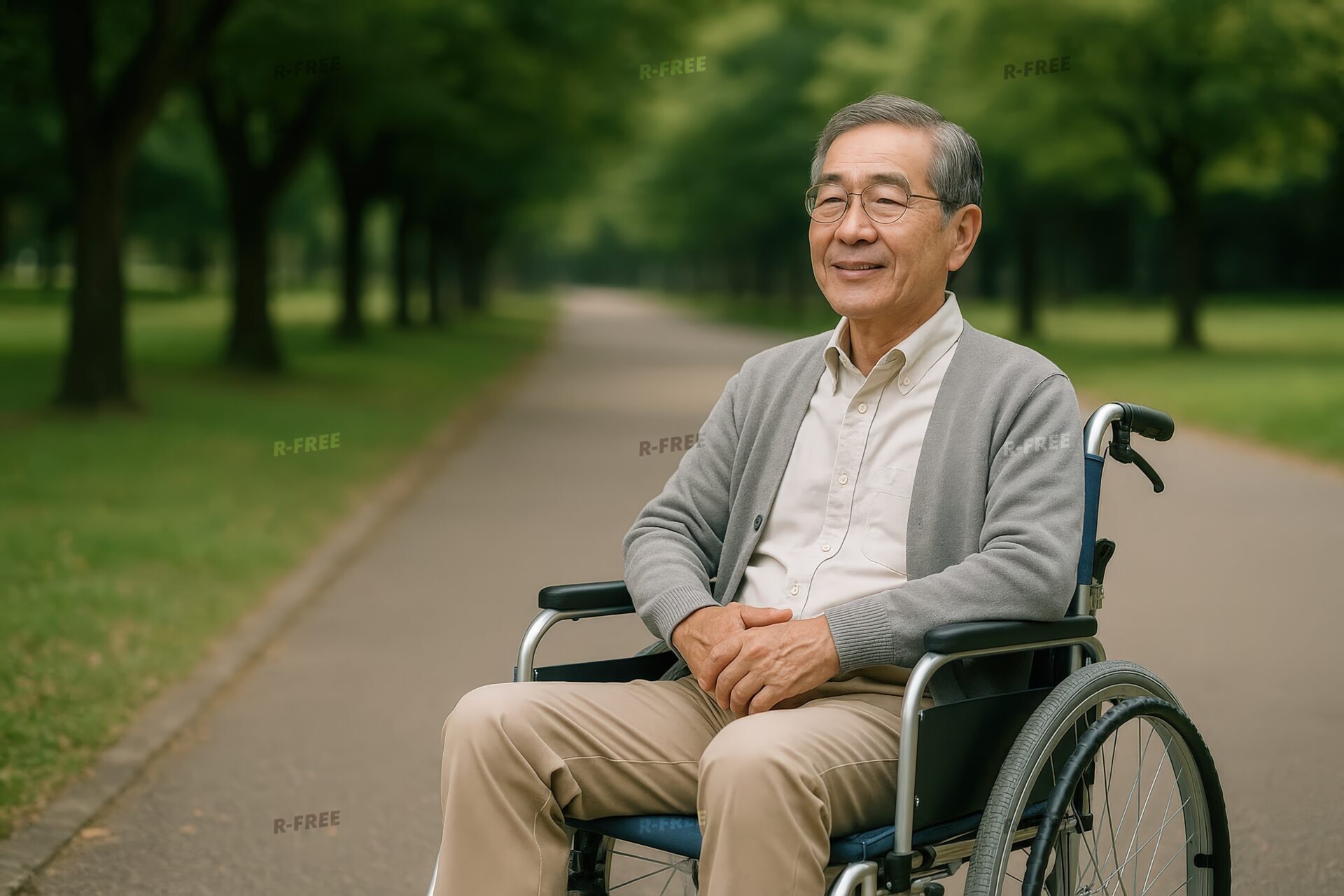 公園の道で穏やかに座る車椅子の高齢男性