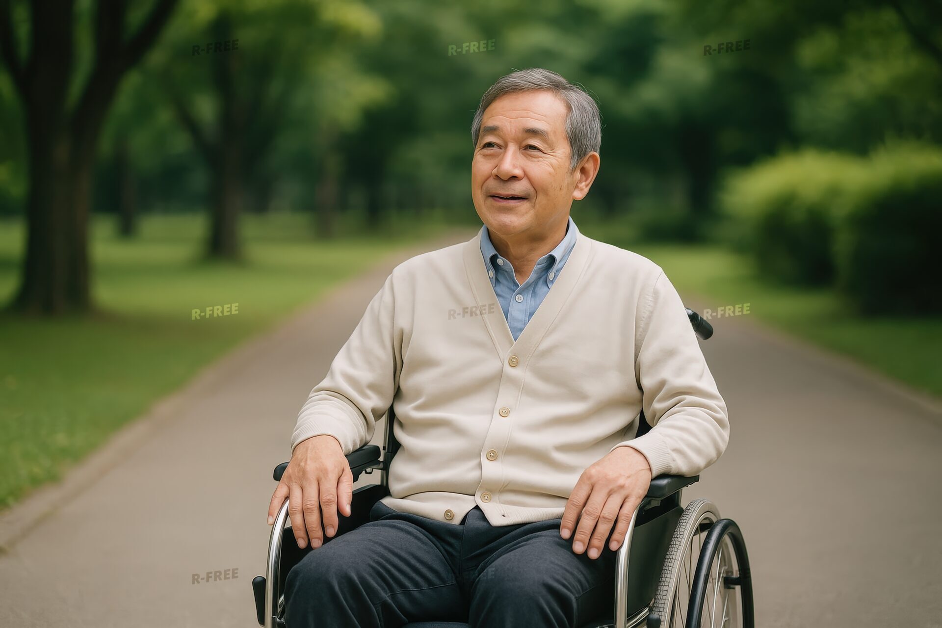 並木道で車椅子に座る高齢男性