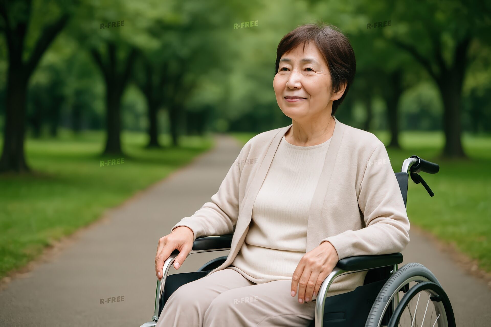 並木道で穏やかに座る車椅子の高齢女性