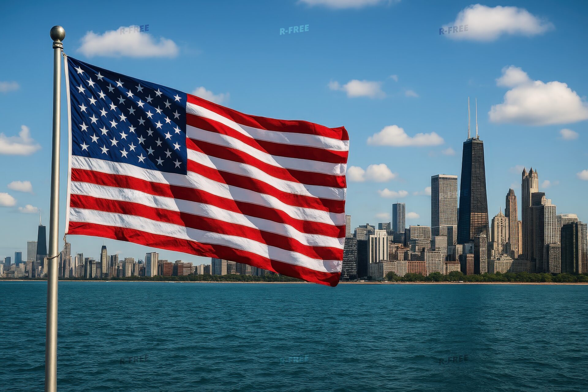 アメリカ国旗と高層ビルが並ぶ都市風景