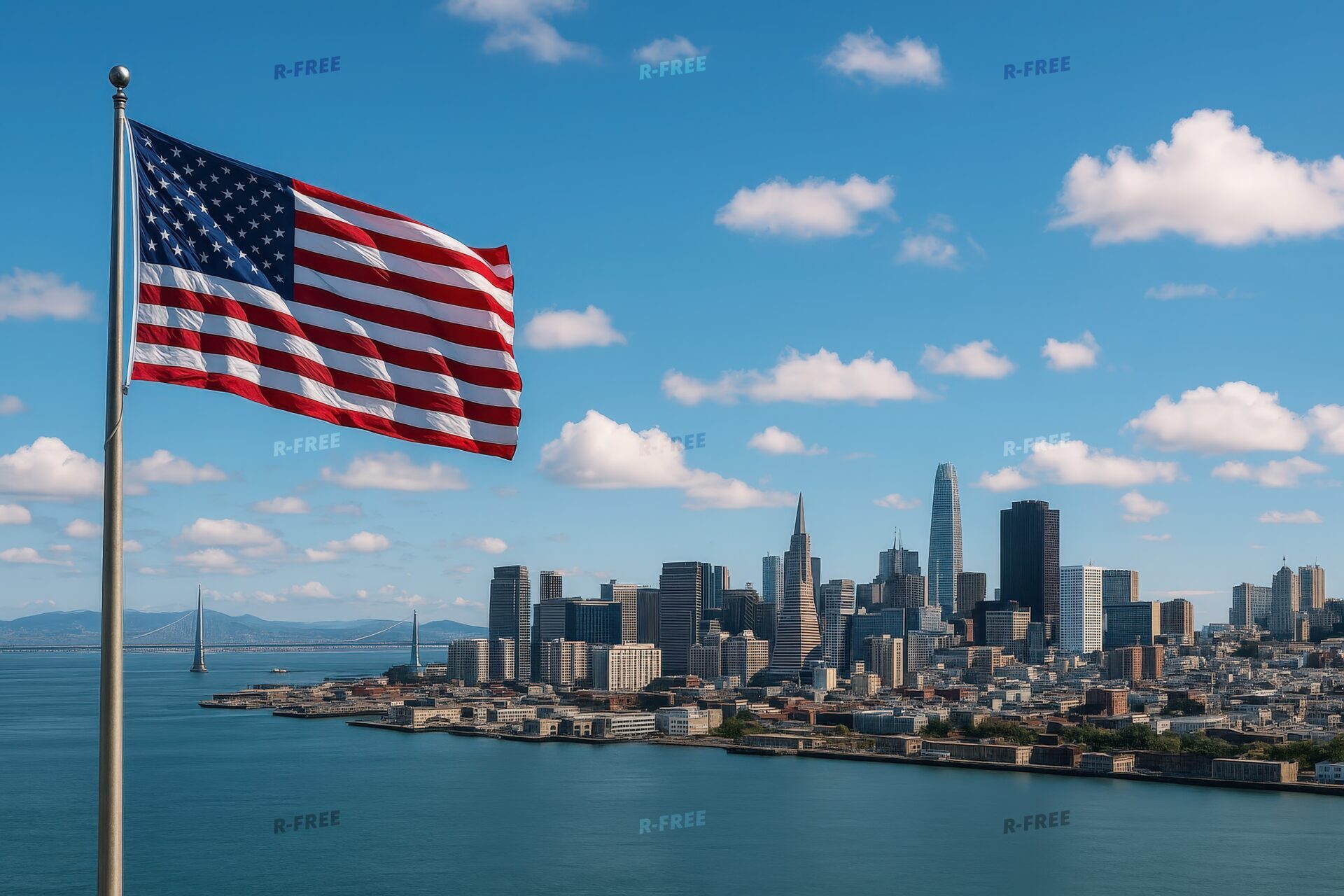 アメリカ国旗がはためく湾岸都市の風景
