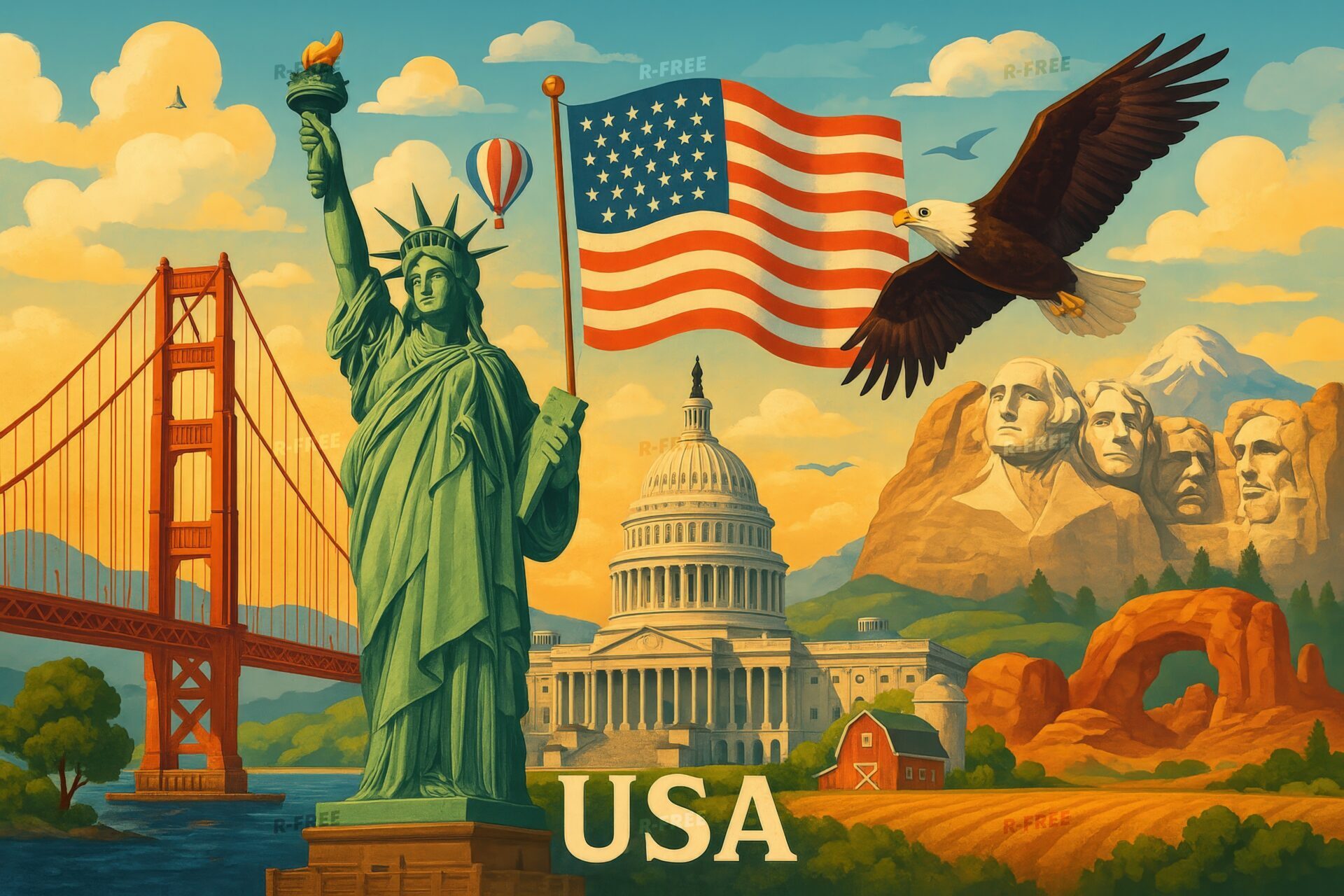 アメリカ各地の名所を描いた象徴的な観光イラスト