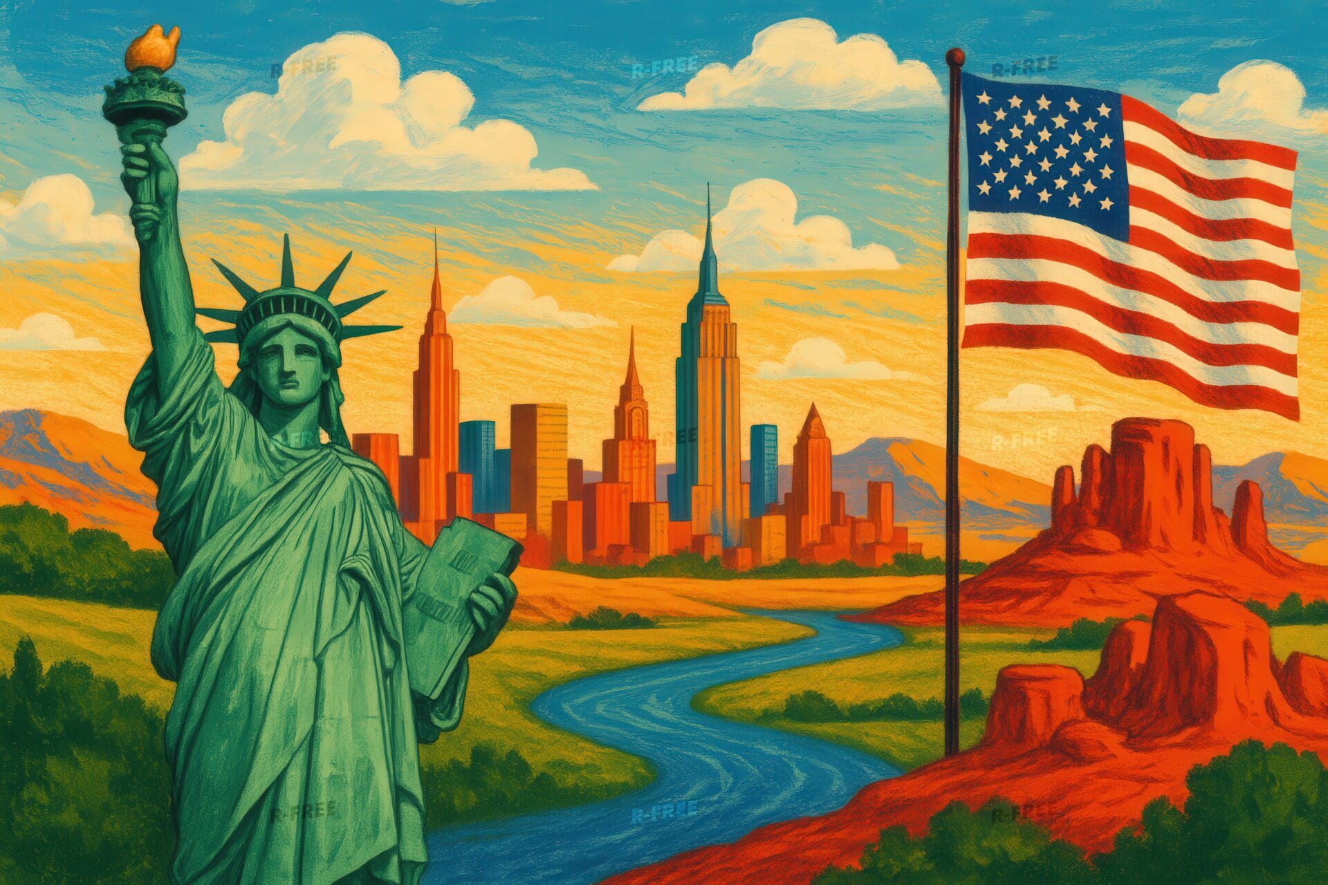 自由の女神と都市の景観が広がるアメリカの風景画