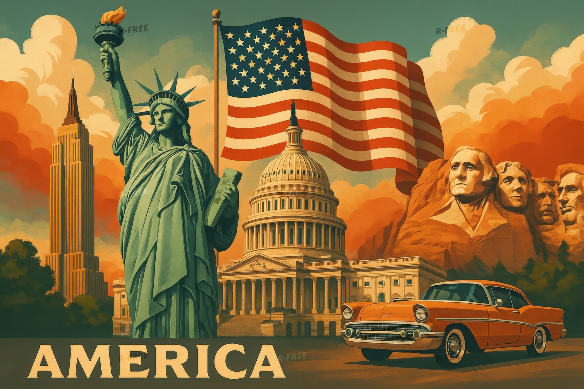 クラシックカーと自由の女神が印象的なアメリカ風景