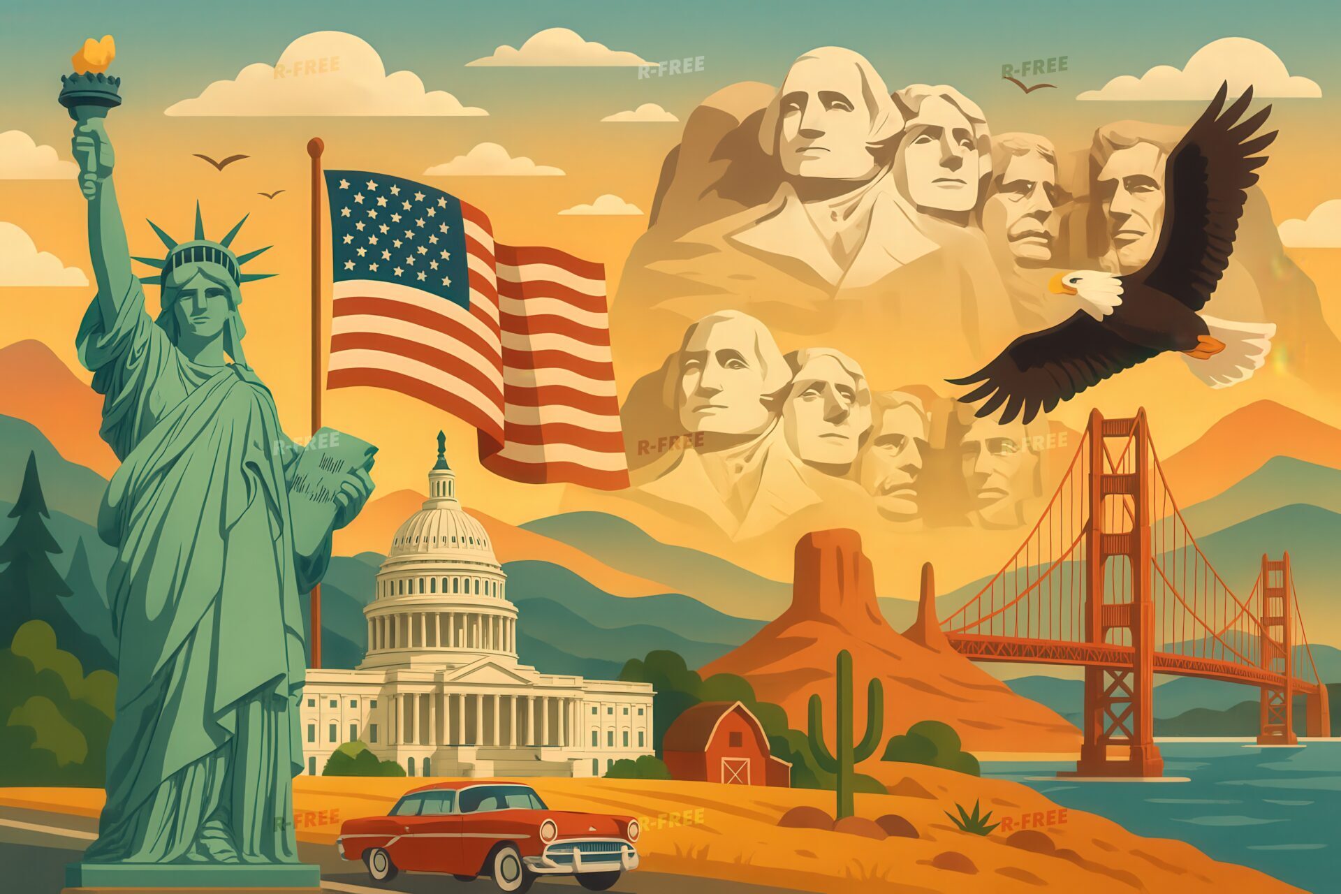 グランドキャニオンと星条旗が彩るアメリカの旅情