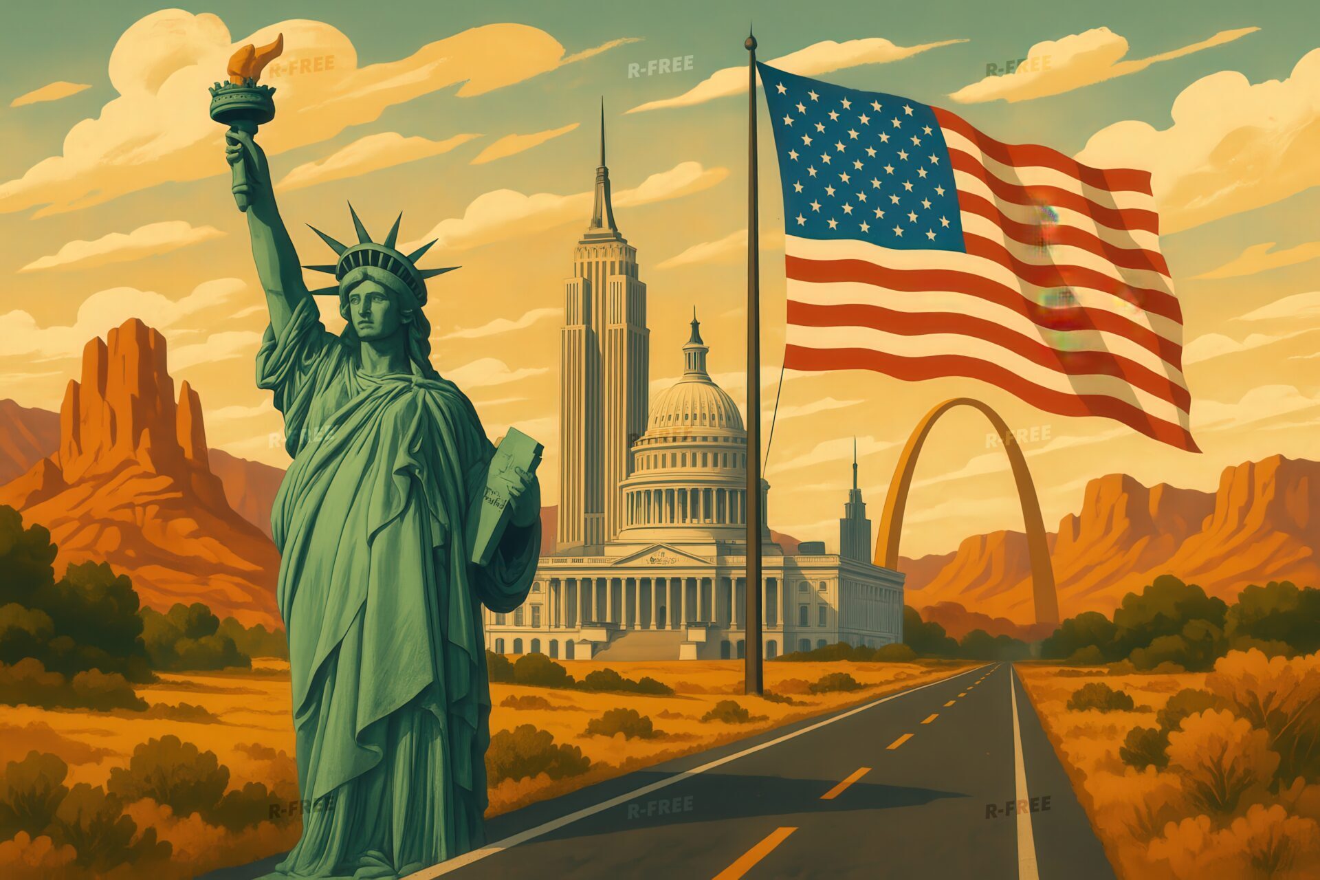 アメリカの広大な風景と自由の象徴を描いたイラスト