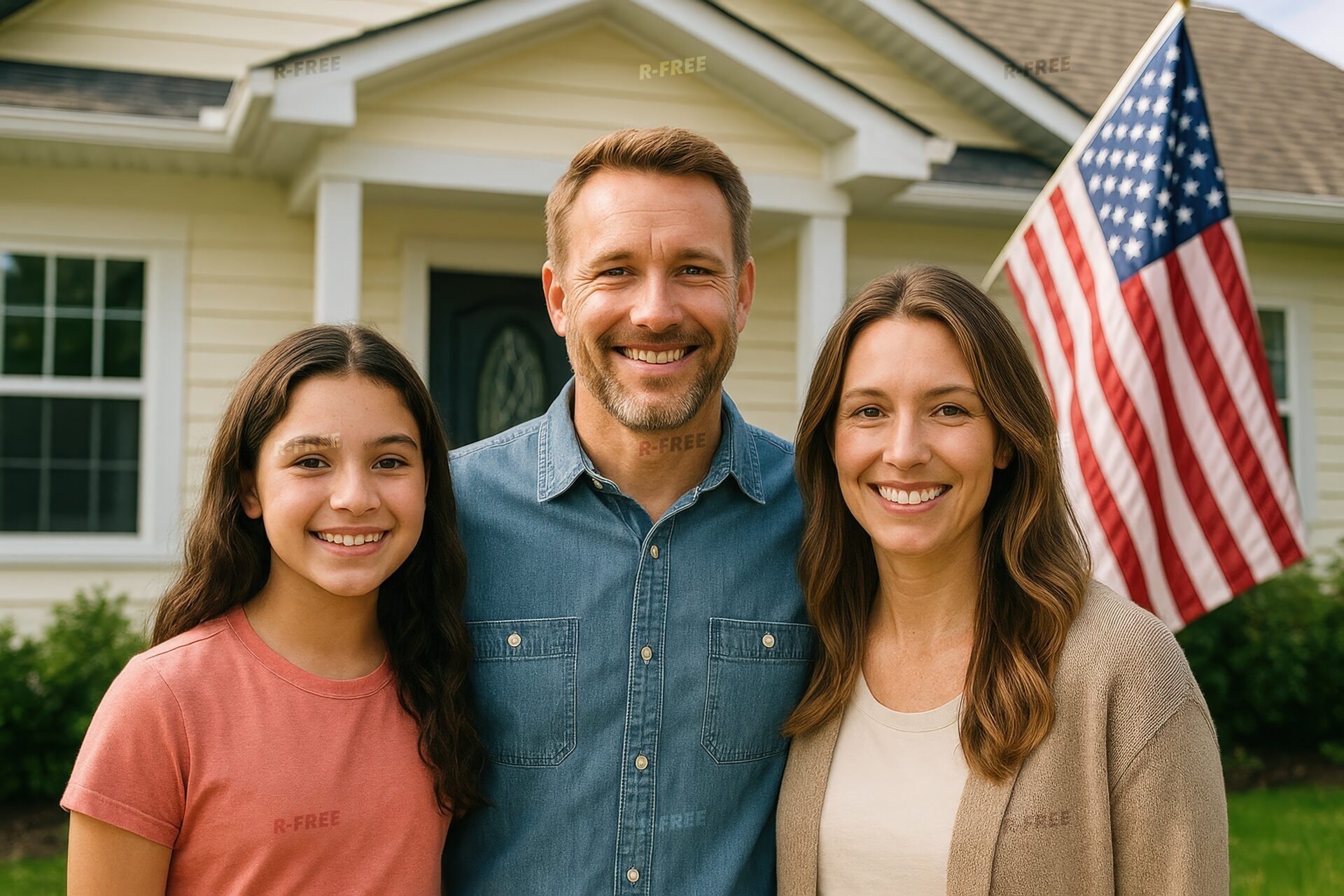 アメリカの家の前で仲良く並ぶ親子