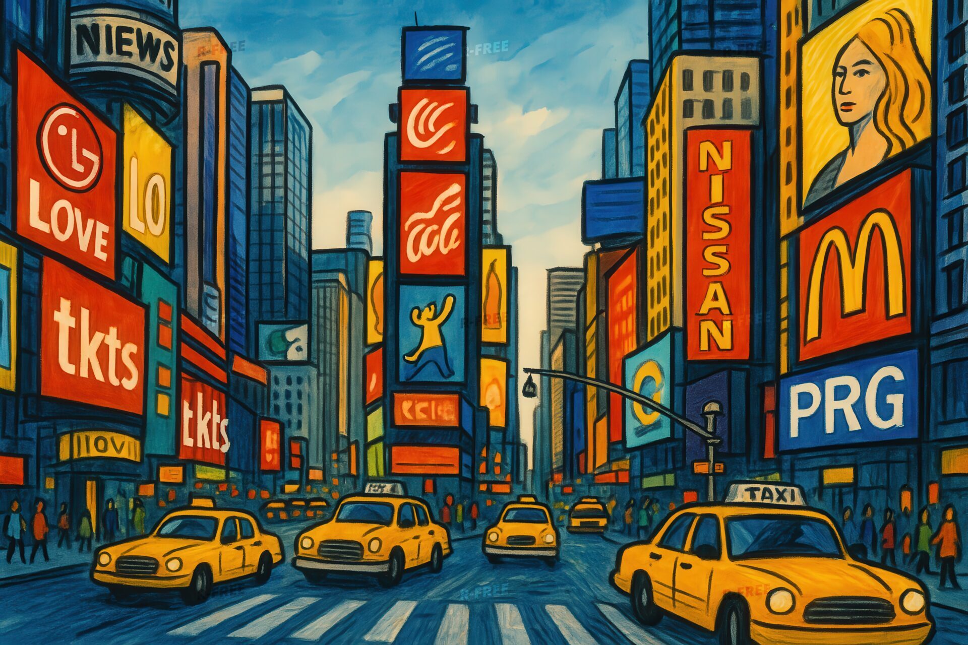 カラフルな広告が並ぶタイムズスクエアの風景イラスト